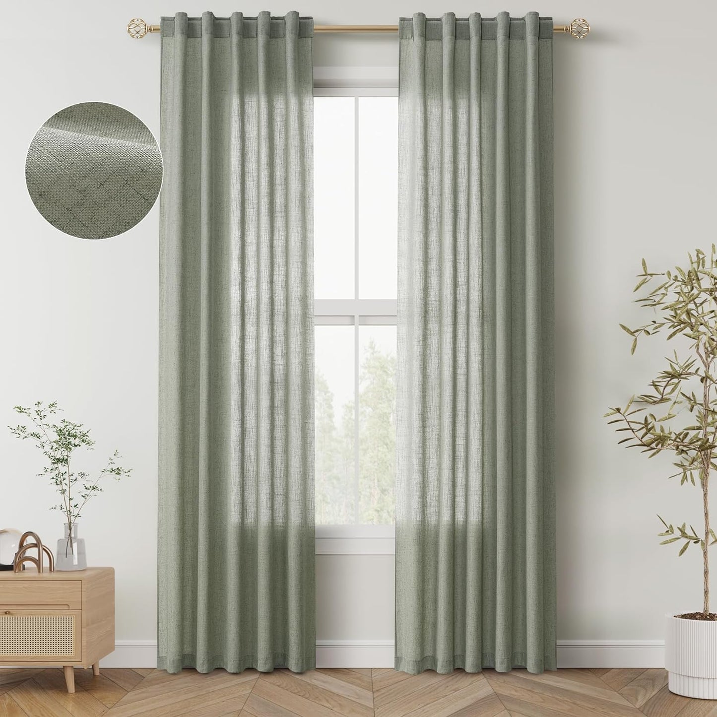 Natural Linen Sheer Curtains 84 Inch Long for Living Room Bedroom Back Tab Light Filtering Privacy Farmhouse Rod Pocket Ivory off White Neutral Drapes with Hooks 2 Panels Cream Beige  SPWIY Sage Green 40W X 80L Inch X 2 Panels 