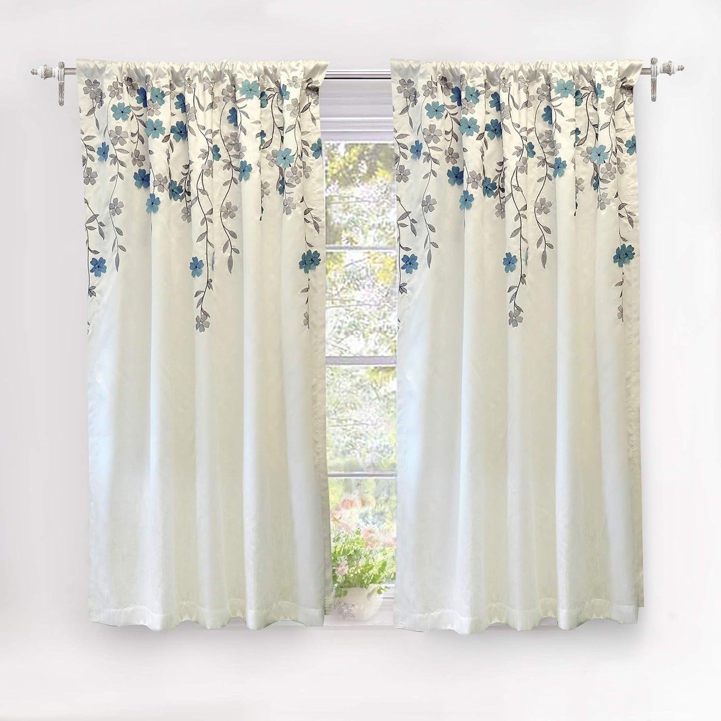 Driftaway Aubree Weeping Flower Print Thermal Room Darkening Privacy Window Curtain for Bedroom Living Room Rod Pocket 2 Panels 52 Inch by 84 Inch Blue  DriftAway One Panel Ivory Blue 50"X54" 