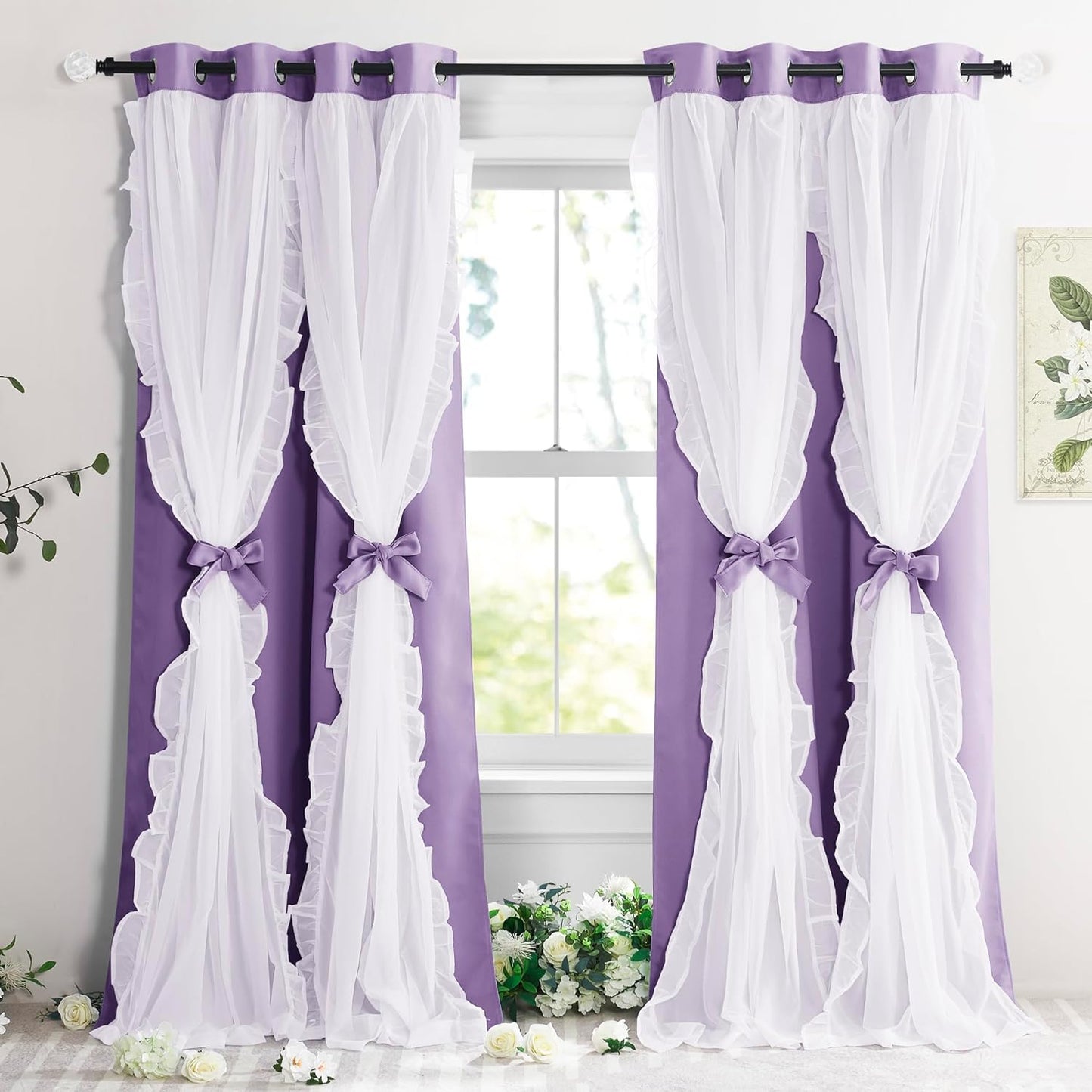 PONY DANCE Blackout Curtains for Living Room Decor Window Treatment Double Layer Drapes Ruffle Sheer Overlay Farmhouse Rustic Design, W 52 X L 84 Inches, Sage Green, 2 Panels  PONY DANCE Lilac 52" X 84" 