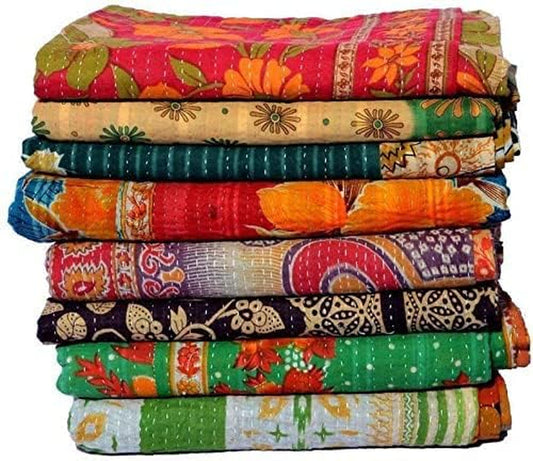 One Piece Vintage Kantha Quilts Reversible Bohemian Home Decor Handmade Indian Blanket Twin Size 85X55 Inches Assorted Multicolor