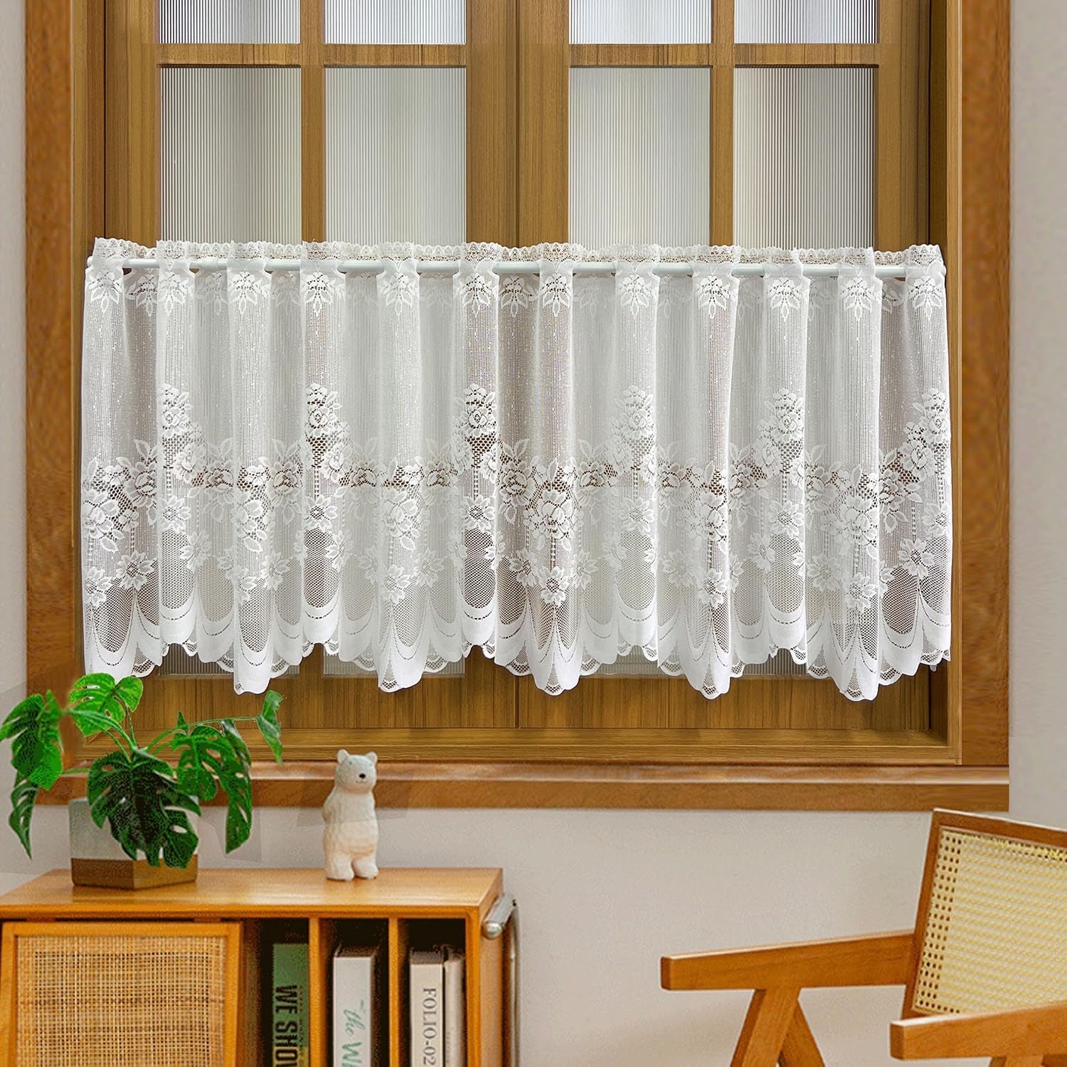 1 Panel Short Lace Curtains Valance for Kitchen Bathroom White Sheer Floral Cafe Curtains 35 Inch Length Scalloped Bottom Curtain Tiers Tulle Voile Window Treatment Rod Pocket Top W39 X L35 Inches