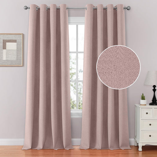 HOMEIDEAS 100% Blush Pink Linen Blackout Curtains for Bedroom, 52 X 84 Inch Room Darkening Curtains for Living, Faux Linen Thermal Insulated Full Black Out Grommet Window Curtains/Drapes  HOMEIDEAS Blush Pink W52" X L84" 