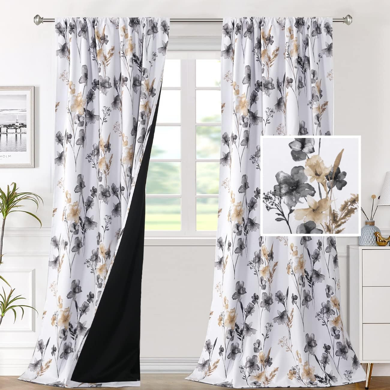 H.VERSAILTEX 100% Blackout Curtains for Bedroom Cattleya Floral Printed Drapes 84 Inches Long Leah Floral Pattern Full Light Blocking Drapes with Black Liner Rod Pocket 2 Panels, Navy/Taupe  H.VERSAILTEX Grey/Taupe 52"W X 96"L 