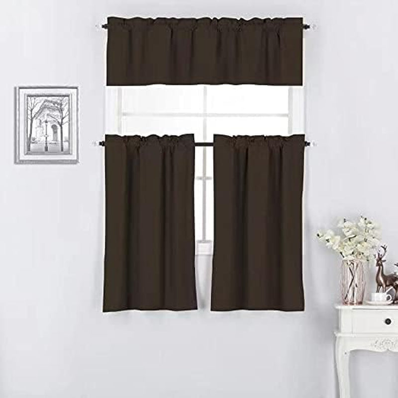 3 Piece Window Curtain Set Tiers and Valance, Solid Blackout for Kitchen Living Room; Thermal Insulated Panel Room Darkening Drape (Burgundy)