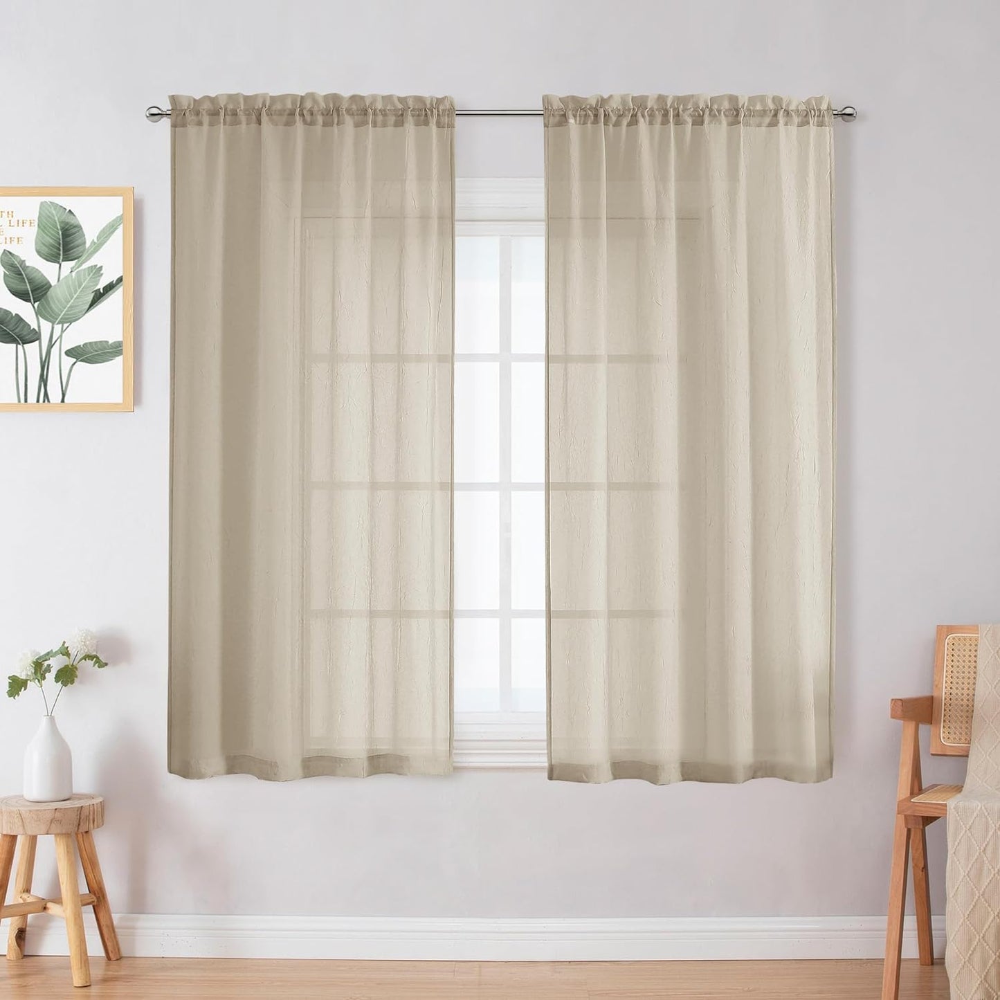 Chyhomenyc Crushed White Sheer Valances for Window 14 Inch Length 2 PCS, Crinkle Voile Short Kitchen Curtains with Dual Rod Pockets，Gauzy Bedroom Curtain Valance，Each 42Wx14L Inches  Chyhomenyc Taupe 28 W X 45 L 