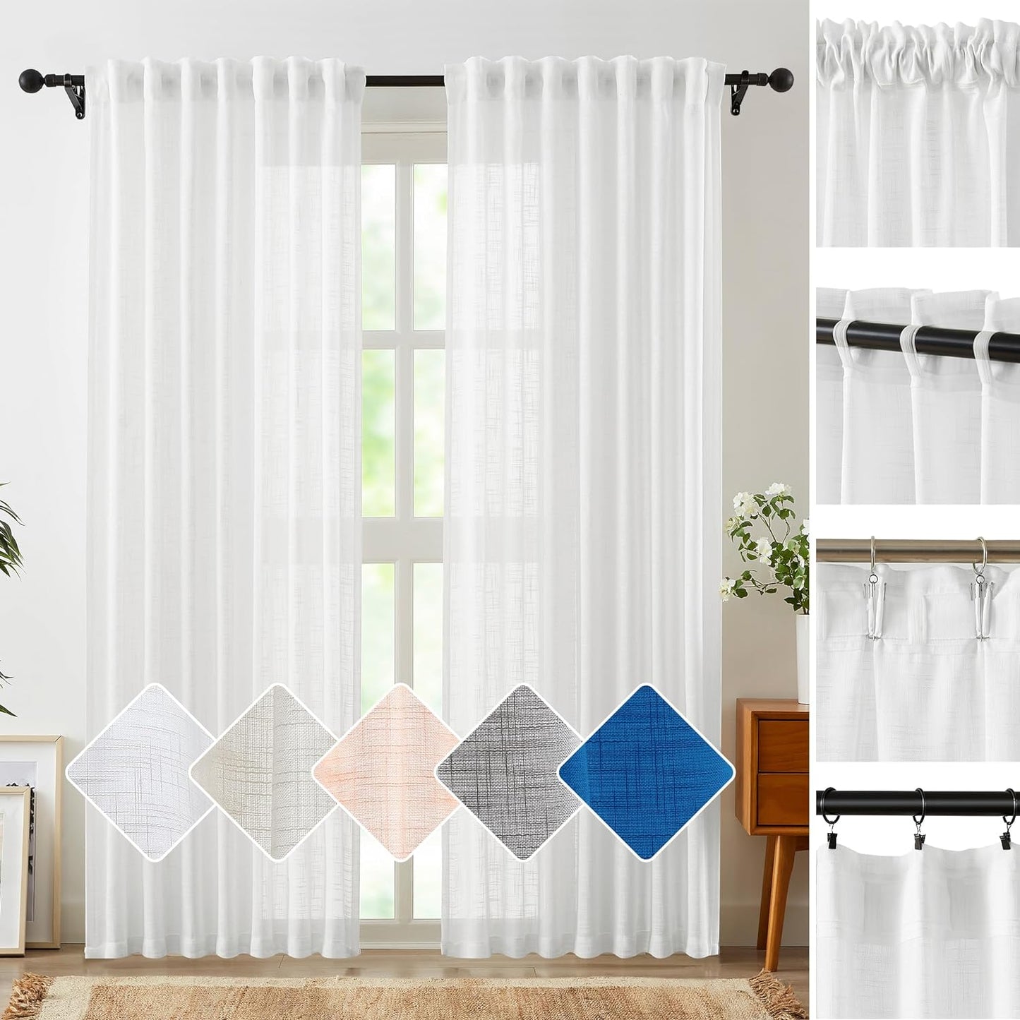 FMFUNCTEX Natural Semi-Sheer Curtains for Living Room Rich Linen Textured Look Window Curtain Draperies 52”W X63”L 2 Panels Grommet Top  Fmfunctex Multi Top - White 52" X 96" 2Pcs 