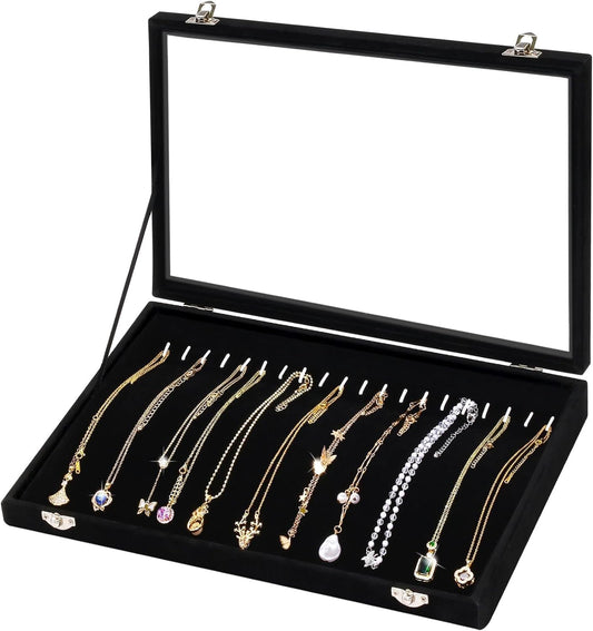 Necklace Holder Organizer, Necklace Organizer Box with Clear Lid, anti Tarnish Jewelry Hanger Storage Case, 20 Hooks Velvet Jewelry Tray for Drawer Display Bracelet Gifts Girls Women