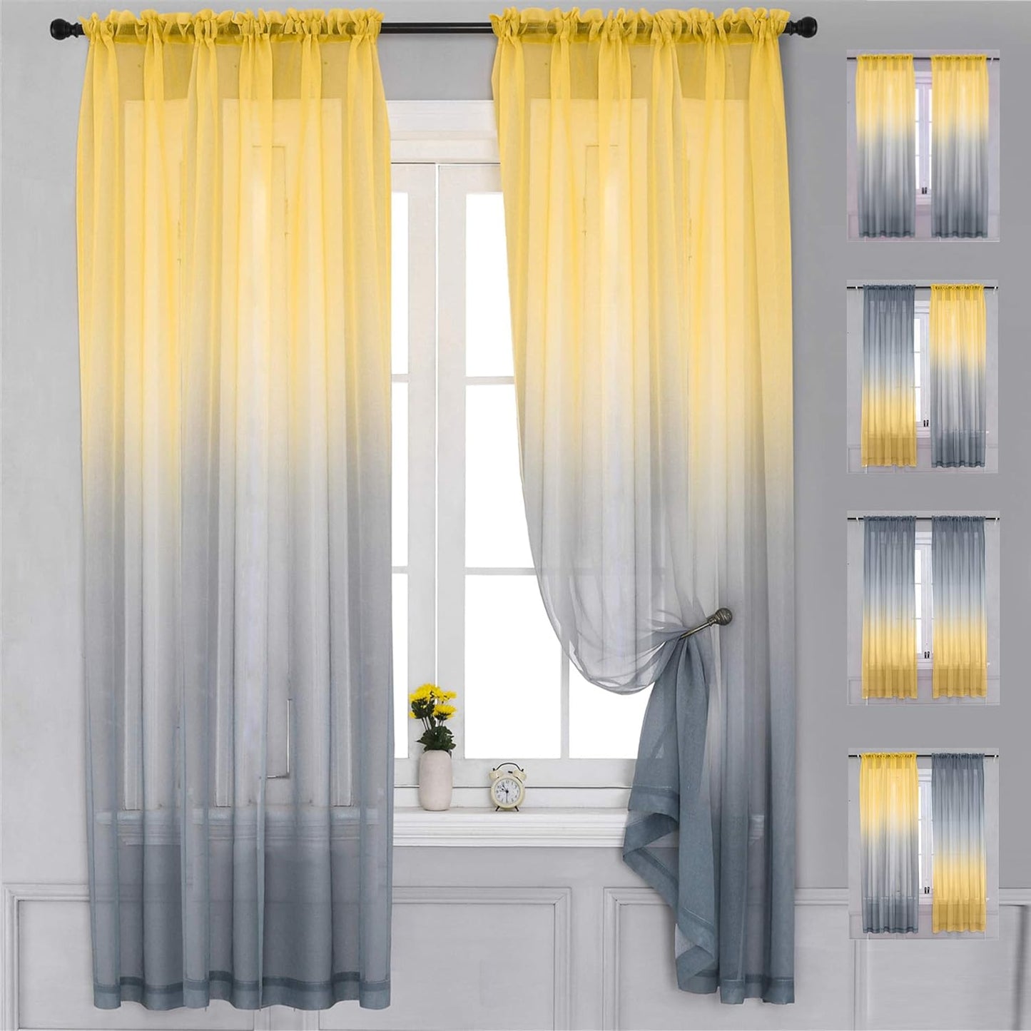 Yancorp 2 Panel Sets Semi Bedroom Curtains 63 Inch Length Sheer Rod Pocket Curtain Linen Teal Turquoise Purple Ombre Girls Living Room Mermaid Bedroom Nursery Kids Decor (Turquoise Purple, 40"X63")  Yancorp Yellow Grey 52"X84" 