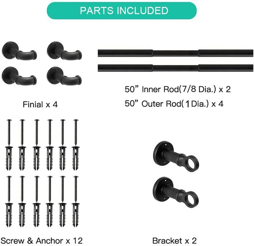 Black Curtain Rods 72 to 144 (6-12Ft) for Window: Outdoor Curtain Rods - Industrial Curtain Rods 1Inch Pole -Rustic Wrap around Curtain Rod Brackets - Simple Rods Indoor Use - Set of 2
