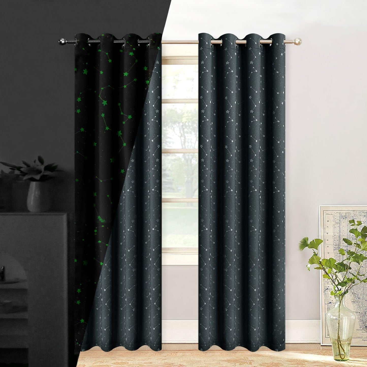 TMLTCOR Blackout Curtains for Bedroom,Bedroom Curtains for Living Room,Room Darkening Curtains 84 Inches Long,Glow in the Dark Navy Blue Curtains for Kids Bedroom,52 Inches Wide,2 Panels,Curve  TMLTCOR Dark Grey/Star 52"W*84"L 