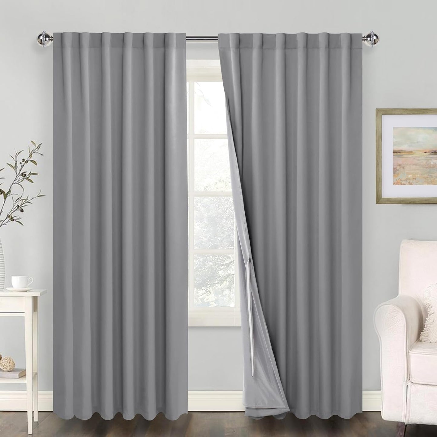 100% Blackout Curtains 2 Panels with Tiebacks- Heat and Full Light Blocking Window Treatment with Black Liner for Bedroom/Nursery, Rod Pocket & Back Tab，White, W52 X L84 Inches Long, Set of 2  XWZO Silver Grey W52" X L108"|2 Panels 