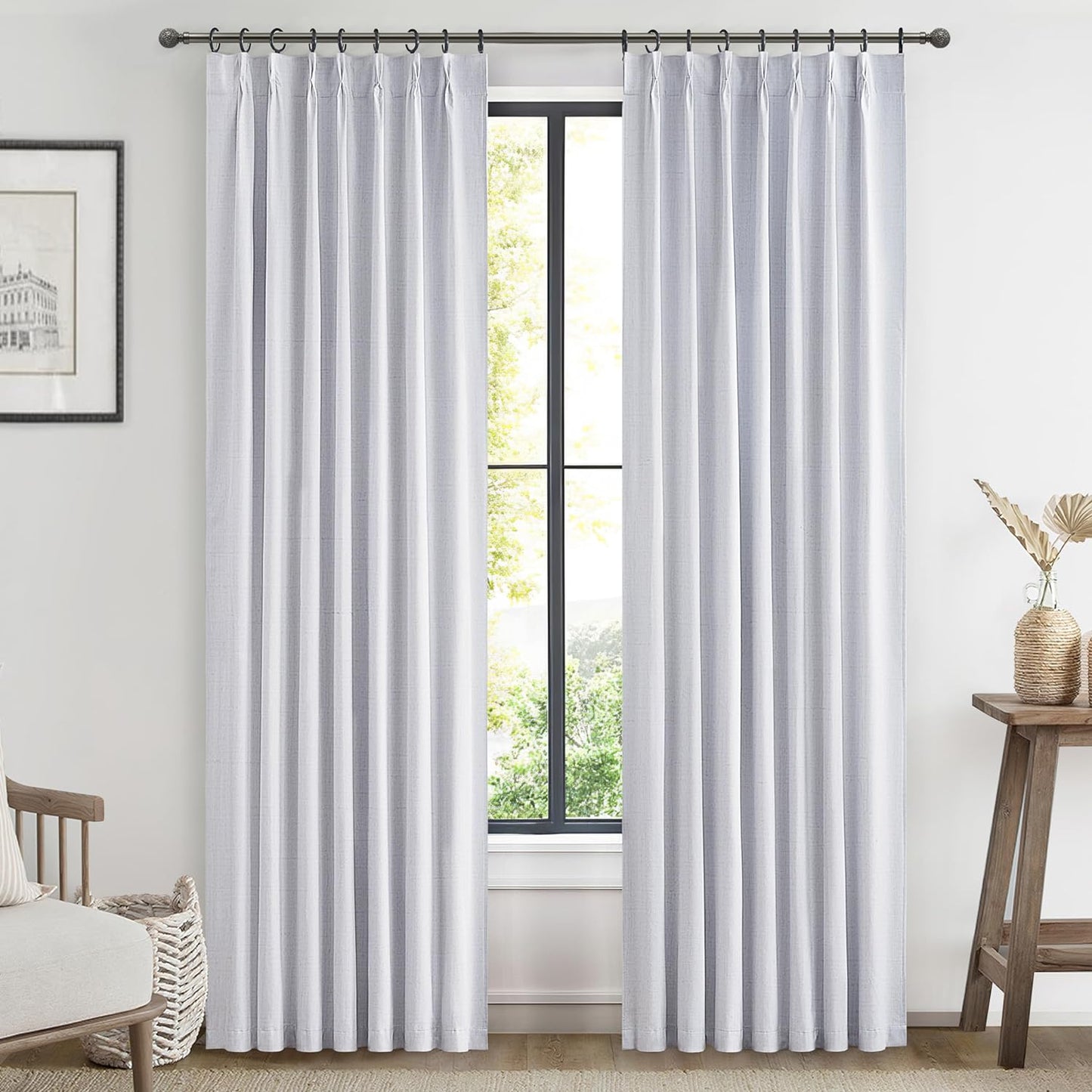 Natural Linen Pinch Pleated Blackout Curtains & Drapes 96 Inch Long Bedroom/Livingroom Farmhouse Curtains 2 Panel Sets, Neutral Track Room Darkening Thermal Insulated 8Ft Back Tab Window Curtain  QJmydeco Greyish White 40"W X 90"L X 2 Panels 