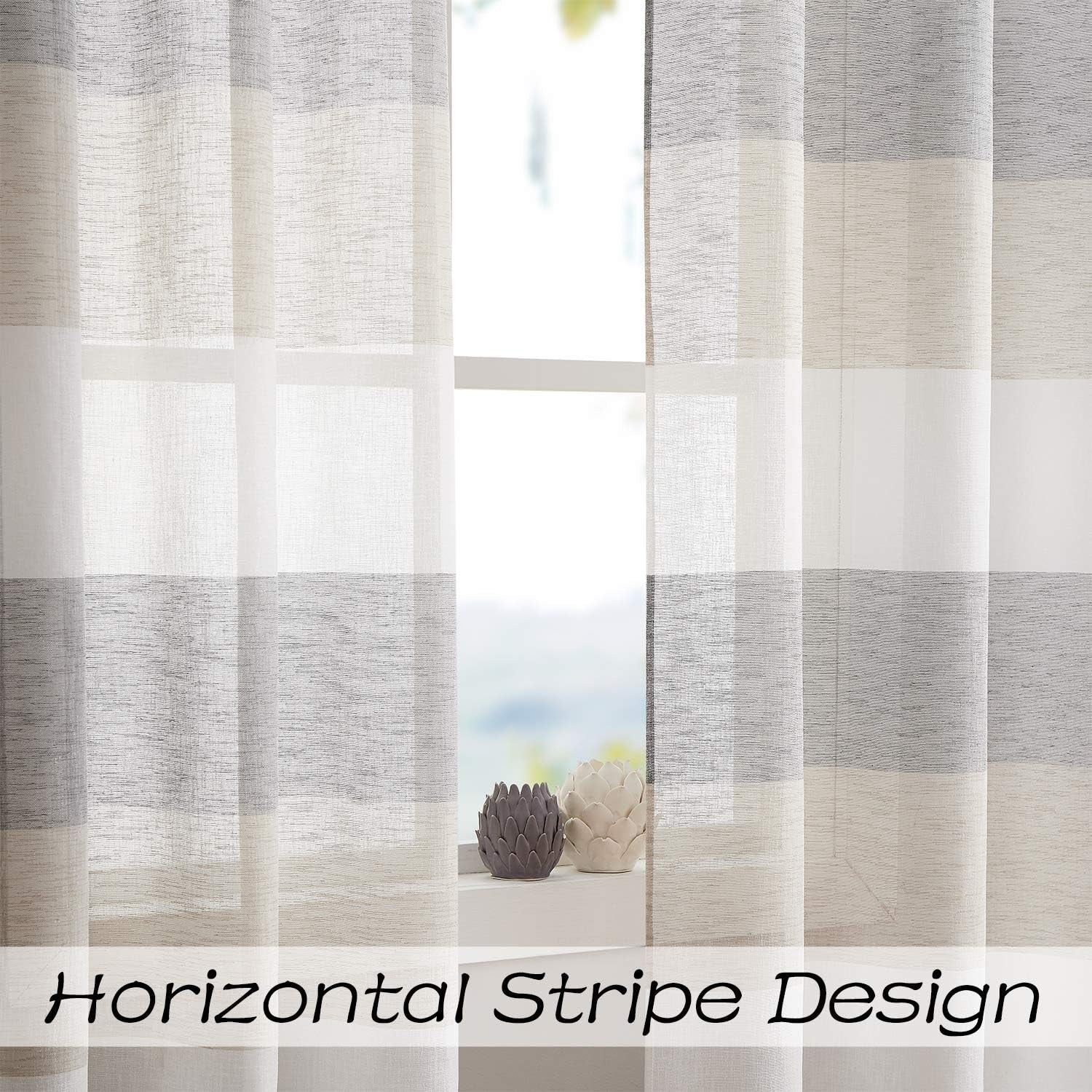 Central Park Gray Tan Stripe Sheer Color Block Window Curtain Panel Linen Window Treatment for Bedroom Living Room Farmhouse 84 Inches Long with Grommets, 2 Panel Rustic Drapes  Central Park   