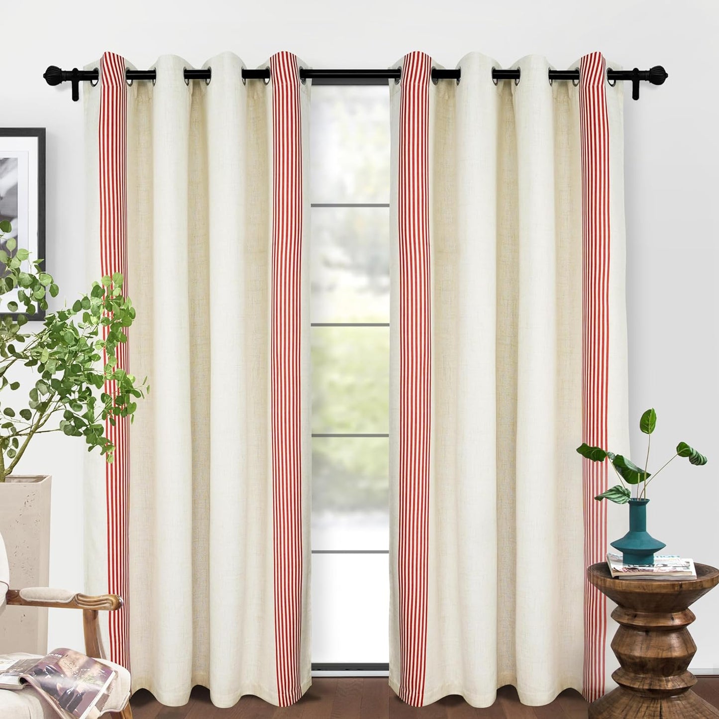 Driftaway Chris Vertical Striped Pattern Linen Blend Lined Thermal Insulated Blackout and Room Darkening Grommet Linen Curtains for Farmhouse Printed 2 Panels 52 Inch by 96 Inch Jean Navy Curtain  DriftAway Cabana Red 52"X84" 