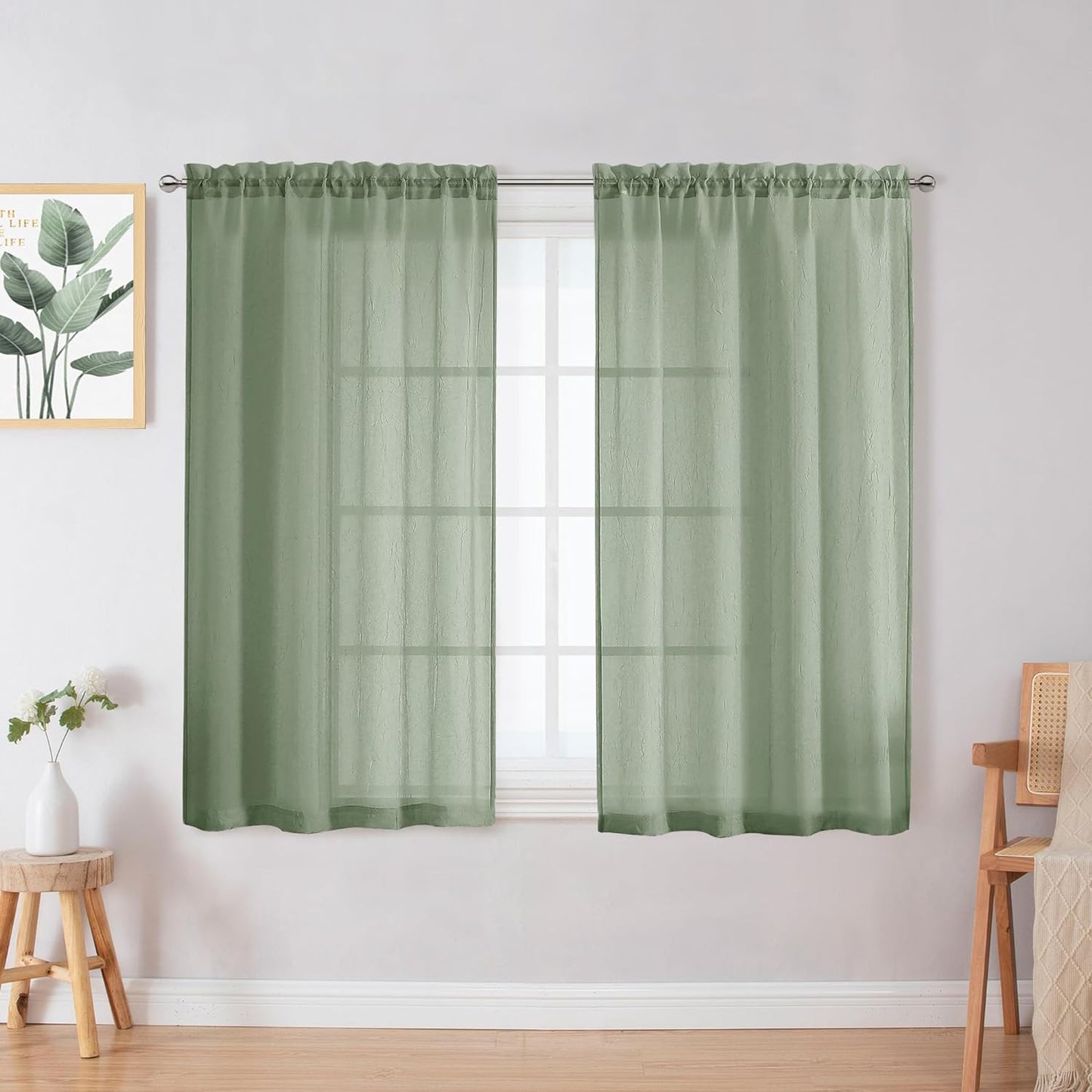 Chyhomenyc Crushed White Sheer Valances for Window 14 Inch Length 2 PCS, Crinkle Voile Short Kitchen Curtains with Dual Rod Pockets，Gauzy Bedroom Curtain Valance，Each 42Wx14L Inches  Chyhomenyc Sage Green 42 W X 45 L 