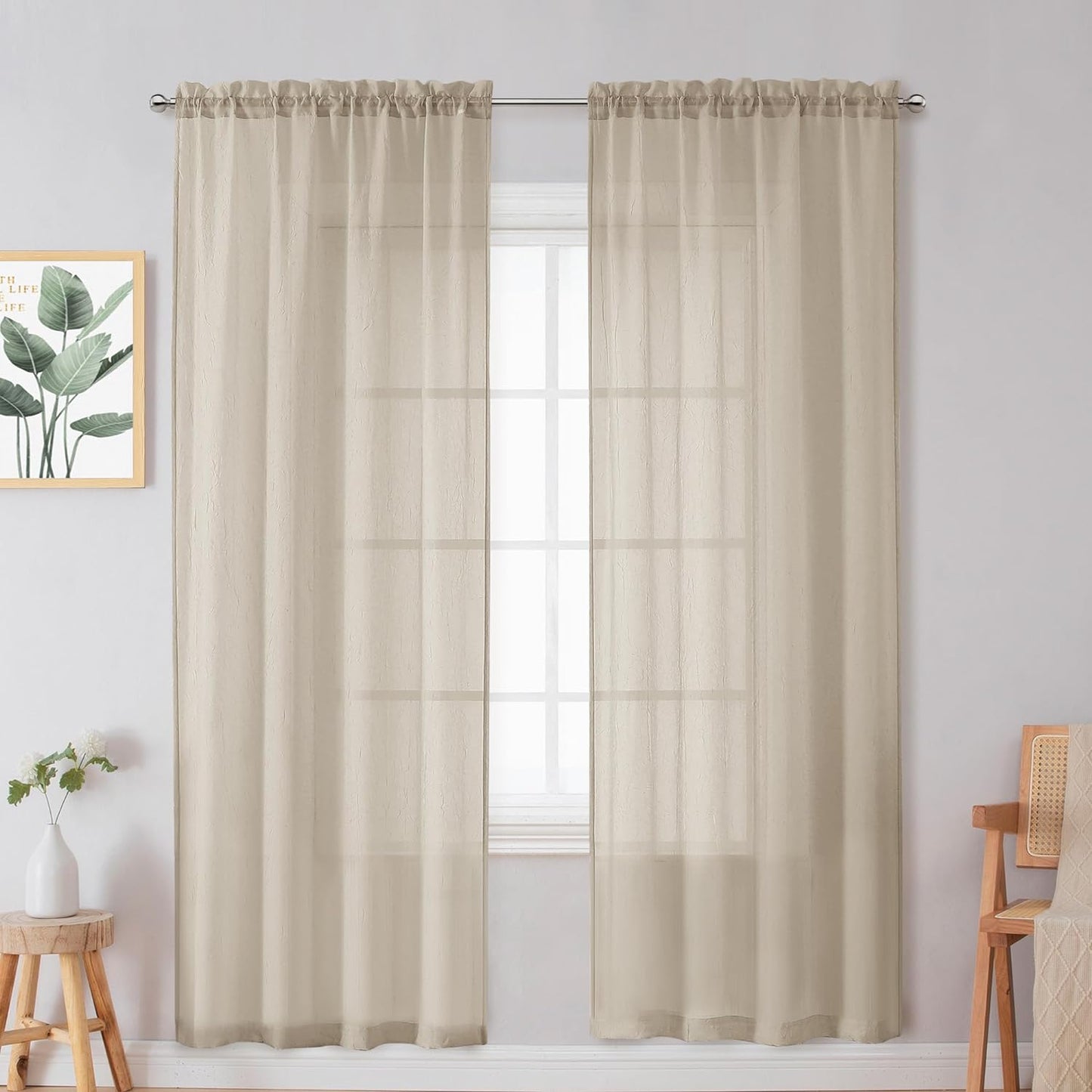Chyhomenyc Crushed White Sheer Valances for Window 14 Inch Length 2 PCS, Crinkle Voile Short Kitchen Curtains with Dual Rod Pockets，Gauzy Bedroom Curtain Valance，Each 42Wx14L Inches  Chyhomenyc Taupe 42 W X 72 L 