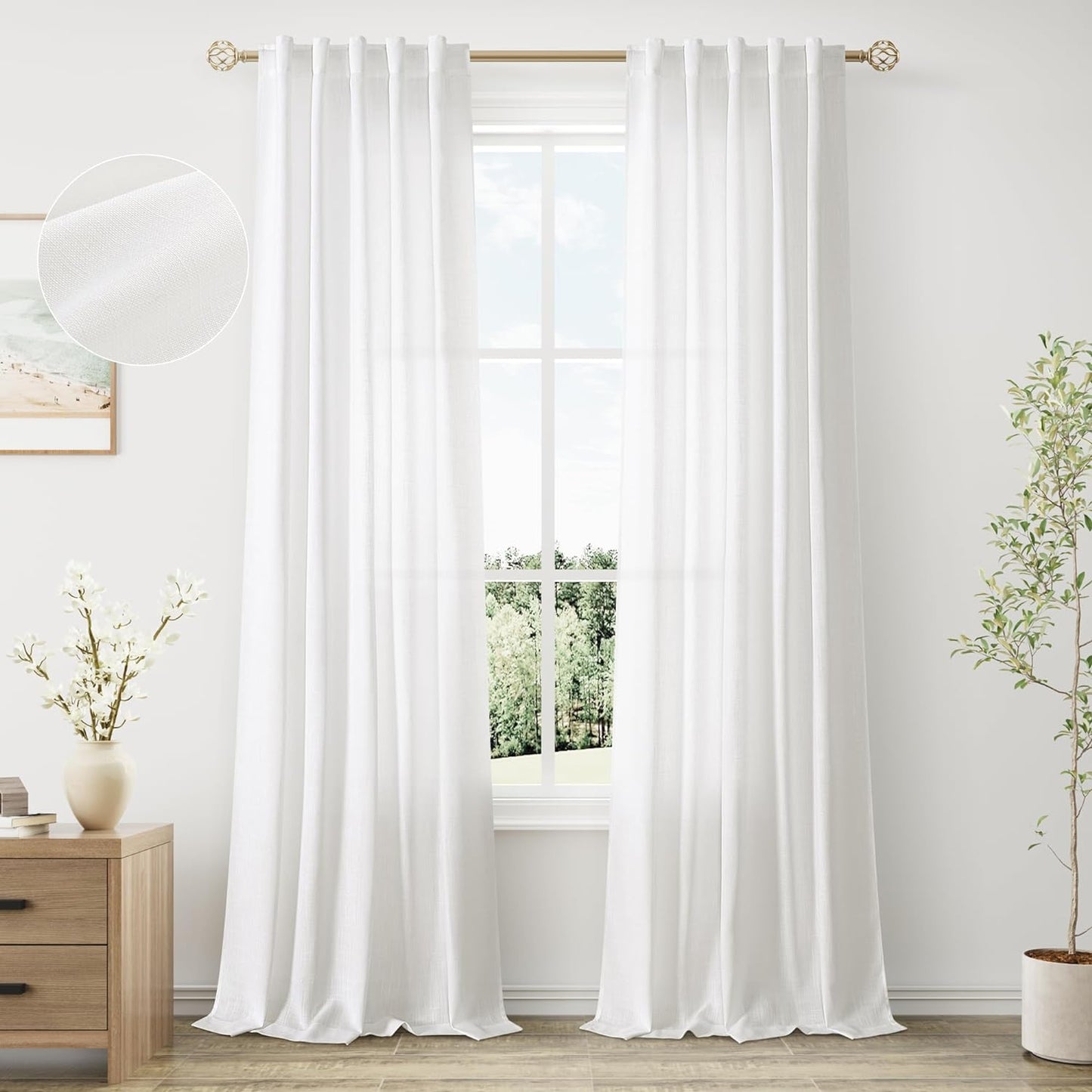 Natural Linen Sheer Curtains 84 Inch Long for Living Room Bedroom Back Tab Light Filtering Privacy Farmhouse Rod Pocket Ivory off White Neutral Drapes with Hooks 2 Panels Cream Beige  SPWIY White 40W X 108L Inch X 2 Panels 