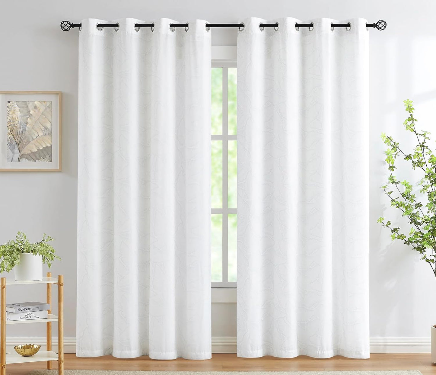 FMFUNCTEX Grey Semi-Sheer Curtains for Living Room Rich Linen Textured Rod Pocket Window Curtain Draperies for Guest Room Not See through 52”W X63”L Set of 2  Fmfunctex Leaf-White 52" X 96" 2Pcs 