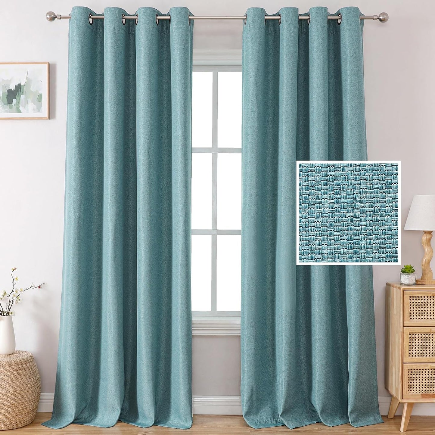 H.VERSAILTEX Linen Blackout Curtains 84 Inches Long Thermal Insulated Room Darkening Linen Curtains for Bedroom Textured Burlap Grommet Window Curtains for Living Room, Bluestone and Taupe, 2 Panels  H.VERSAILTEX Eggshell Blue 52"W X 96"L 