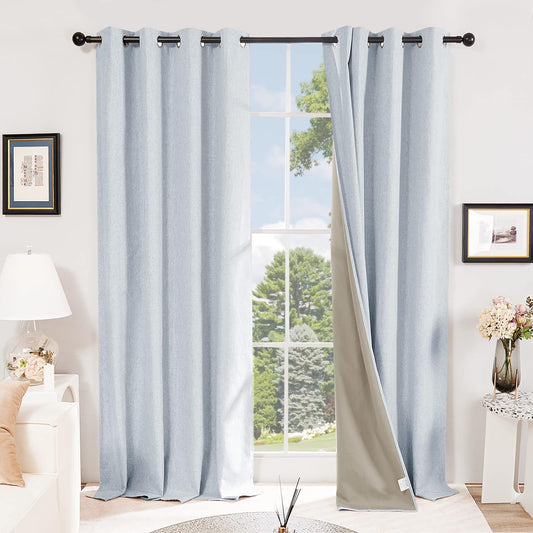 Deconovo Faux Linen Total Blackout Curtains 63 Inches Length, Light Blue, Grommet Thermal Insulated Curtain, Noise Reduction Draperies for Bedroom Living Room, 52" W X 63" L, 1 Pair  DECONOVO Light Blue 52Wx72L Inch 