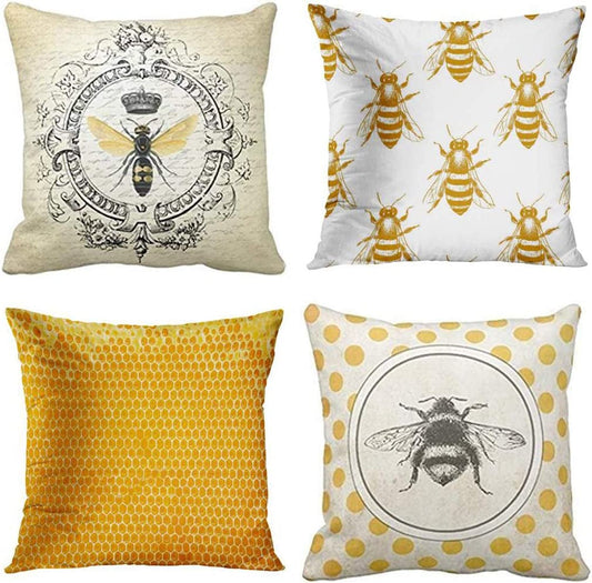 Emvency Set of 4 Throw Pillow Covers Bee Honey Yellow Modern Vintage French Queen Entomology with Bees Decorative Pillow Cases Home Decor Square 18X18 Inches Pillowcases