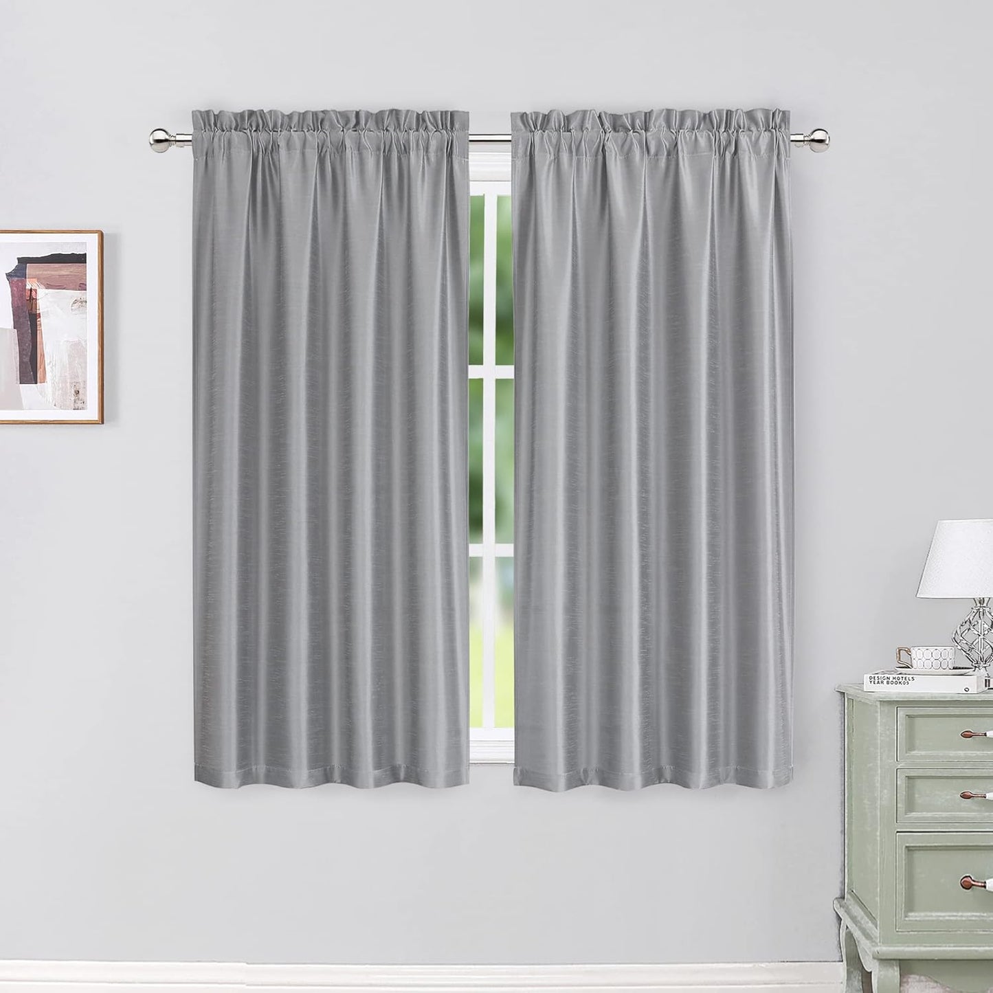 Chyhomenyc Uptown Sage Green Kitchen Curtains 45 Inch Length 2 Panels, Room Darkening Faux Silk Chic Fabric Short Window Curtains for Bedroom Living Room, Each 30Wx45L  Chyhomenyc Silver Gray 2X30"Wx54"L 