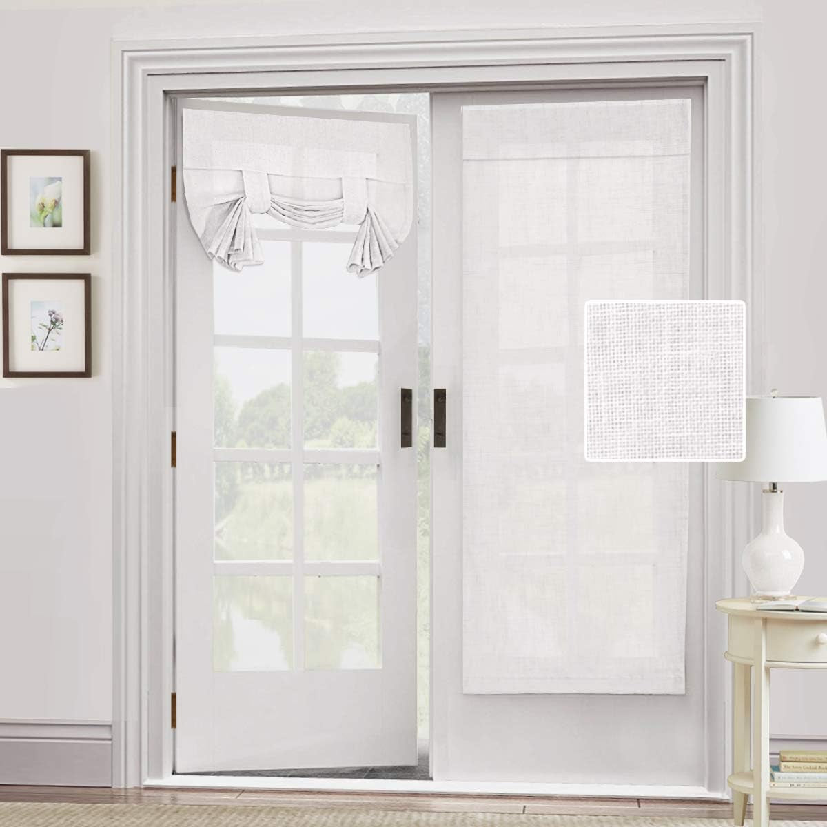 H.VERSAILTEX Natural Linen Blended Door Curtain - Semi Sheer French Door Curtain Light Filtering Tricia Window Door Curtain for Patio Door Tie up Shade, 26 X 68 Inches, 1 Panel, Angora  H.VERSAILTEX White 1 