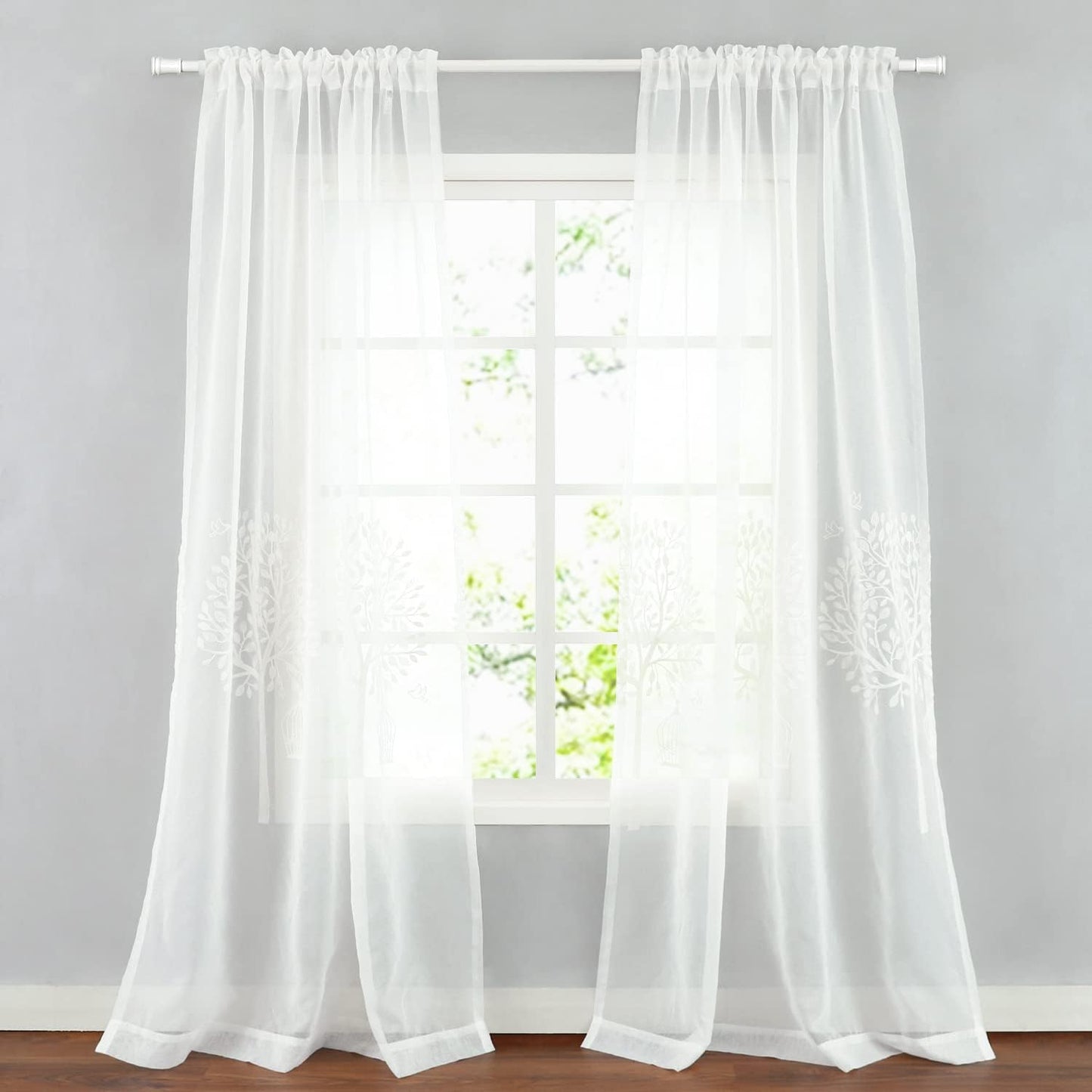 VOGOL Sheer Curtains 84 Inches Long, Trees Embroidered White Sheer Window Curtain for Living Room/Dining Room, Rod Pocket, 52 X 84, 2 Panels  YouYee Matching Sheer W60Xl106 