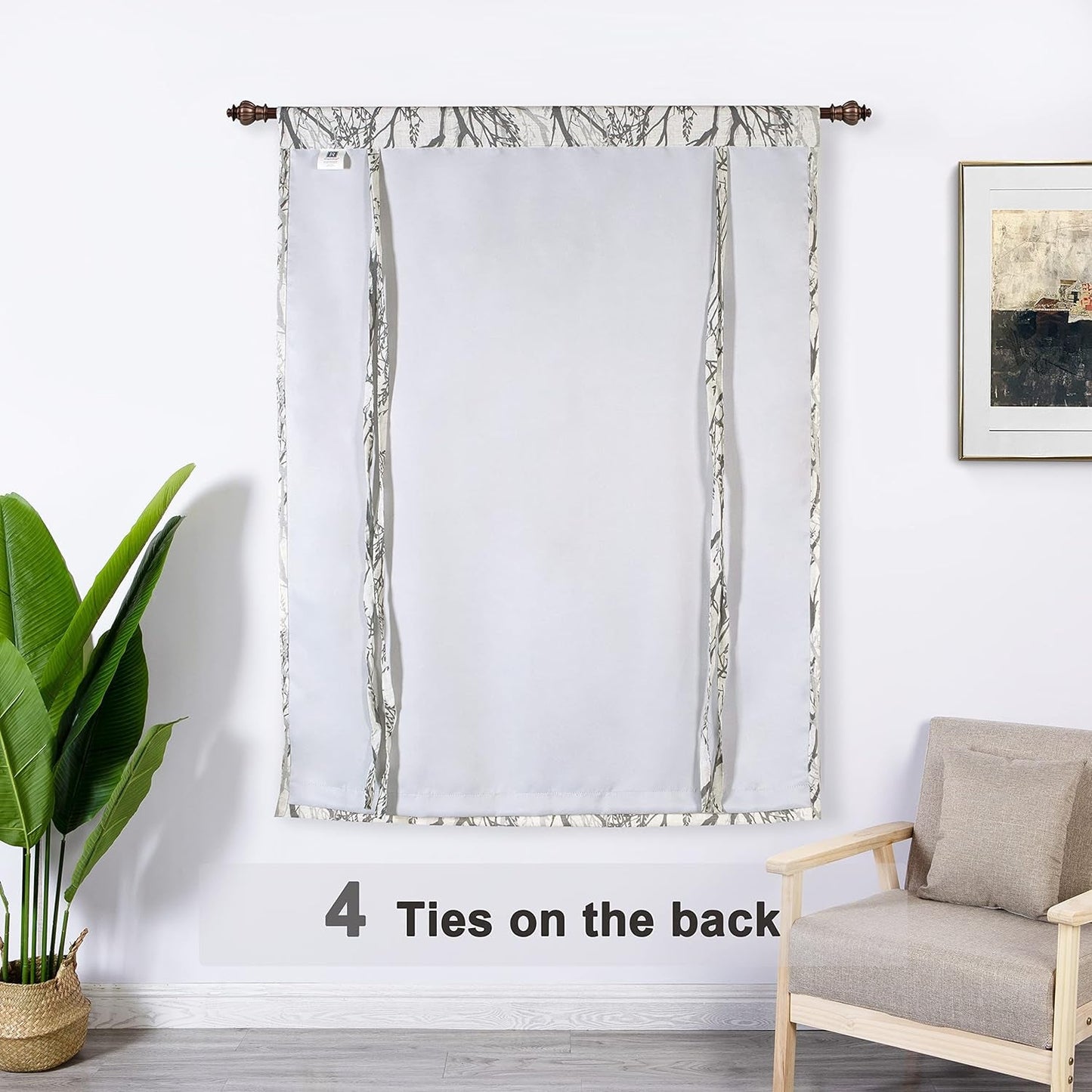 Driftaway Tree Branch Linen Blend Blackout Tie up Curtain for Kitchen Abstract Botanical Thermal Insulated Linen Curtains Tie up Shade for Bedroom Adjustable Balloon Rod Pocket 45 Inch by 63 Inch Gray