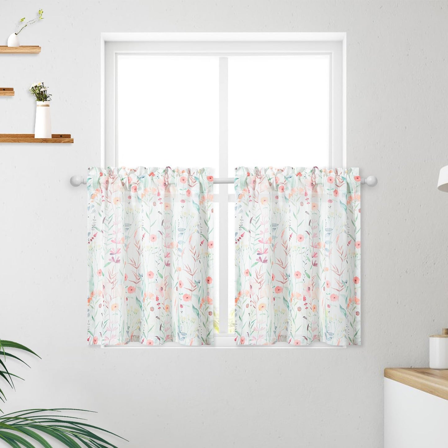 VOGOL Colorful Floral Print Tier Curtains, 2 Panels Smooth Textured Decorative Cafe Curtain, Rod Pocket Sheer Drapery for Farmhouse, W 30 X L 24  VOGOL Mn002 W30 X L24 