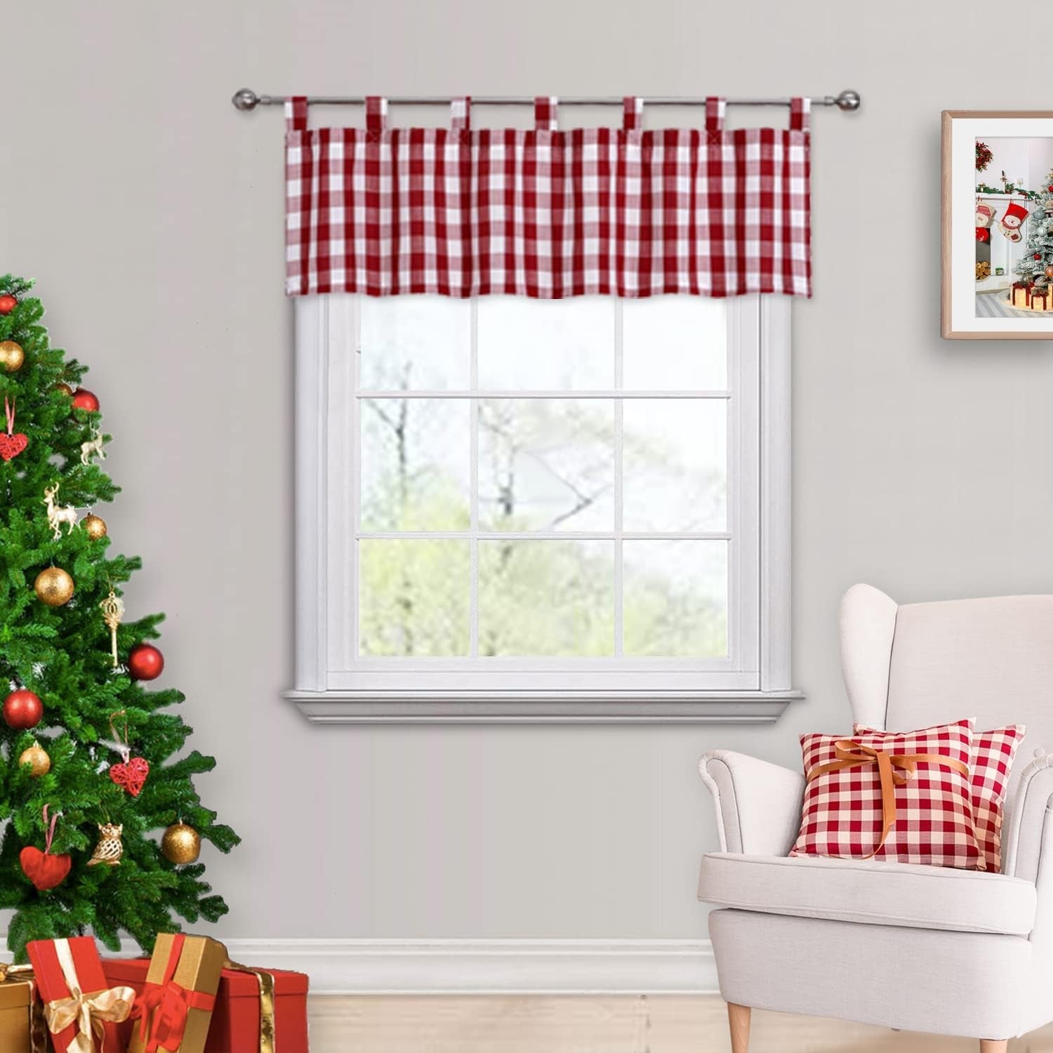 Buffalo Plaid Valance Farmhouse Kitchen Curtain Linen White Sheer Check Tab Top Rustic Window Treatment for Living Room Kitchen,1 Panel,56''X16'',Black and White