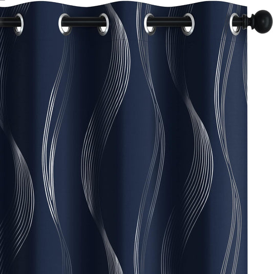 Deconovo Thermal Insulated Blackout Curtains for Bedroom, with Silver Print Wave Striped Pattern- Black Out Light Blocking Panels - Navy Blue, 52W X 84L Inch, 2 Panels  deconovo Grommet/Navy Blue 52X45 Inch 