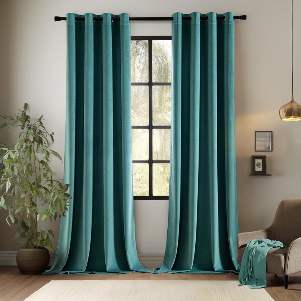 EMEMA Olive Green Velvet Curtains 84 Inch Length 2 Panels Set, Room Darkening Luxury Curtains, Grommet Thermal Insulated Drapes, Window Curtains for Living Room, W52 X L84, Olive Green  EMEMA Velvet/ Teal W52" X L96" 