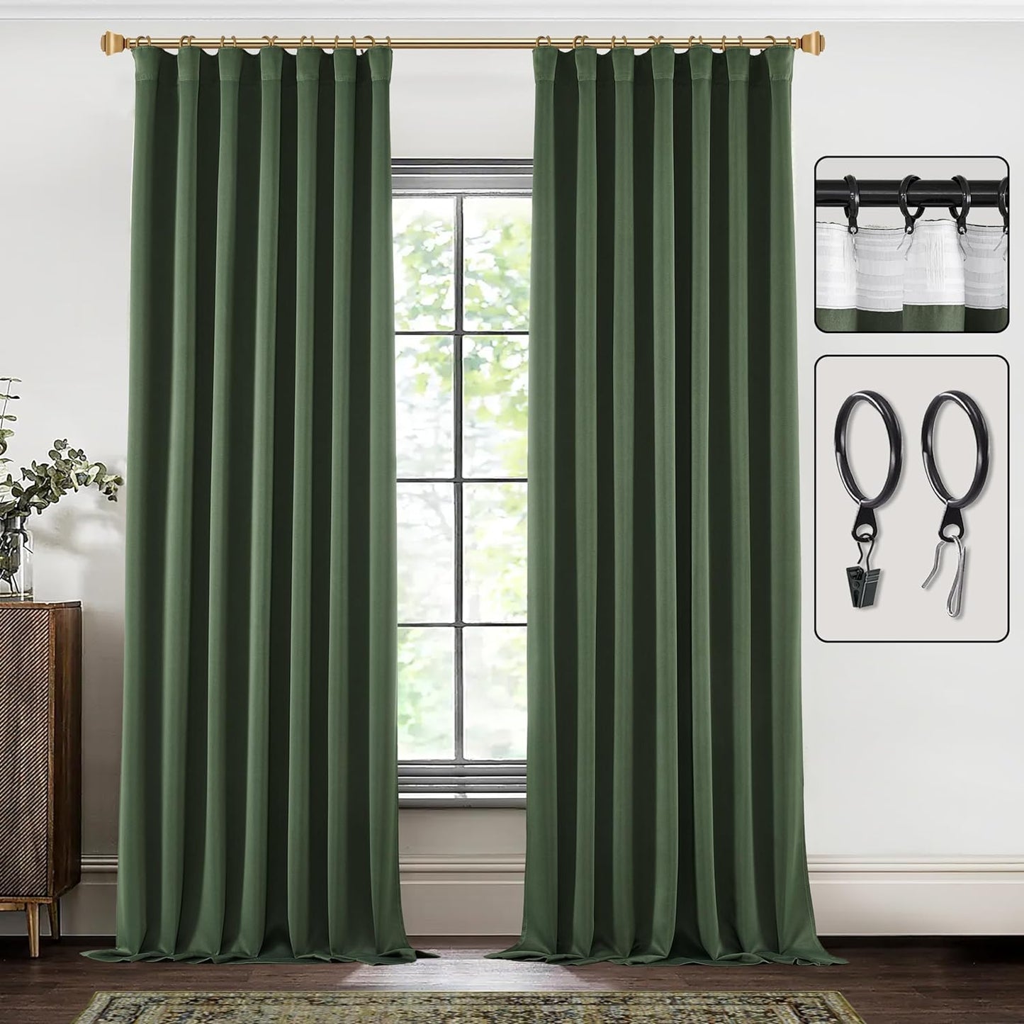 SHINELAND Beige Room Darkening Curtains 105 Inches Long for Living Room Bedroom,Cortinas Para Cuarto Bloqueador De Luz,Thermal Insulated Back Tab Pleat Blackout Curtains for Sunroom Patio Door Indoor  SHINELAND Olive Green 2X(52"Wx96"L) 