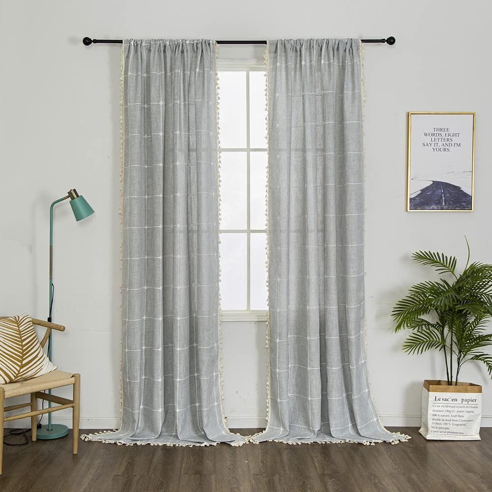 Amidoudou 1 Pair Cotton Linen Boho Curtains with Tassel, Farmhouse Curtains for Bedroom Living Room (Beige and Coffee, 2 X 54 X 96 Inch)  Amidoudou Grey 2 X 54" X 84" 