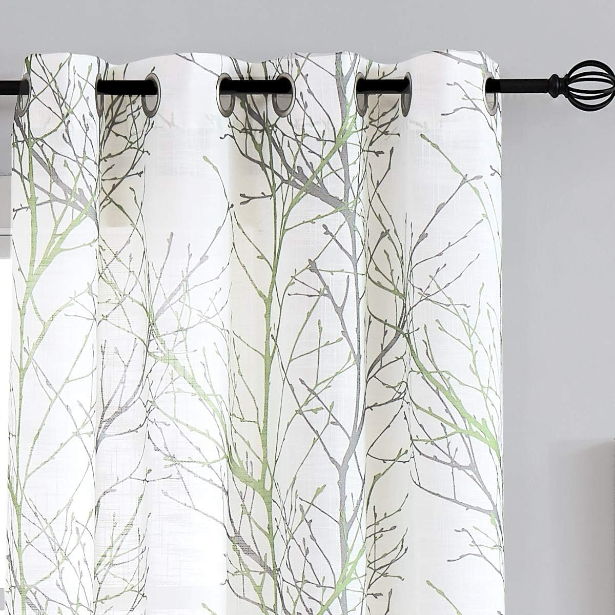 FMFUNCTEX Blue White Curtains for Kitchen Living Room 72“ Grey Tree Branches Print Curtain Set for Small Windows Linen Textured Semi-Sheer Drapes for Bedroom Grommet Top, 2 Panels  Fmfunctex Green 50" X 54" |2Pcs 