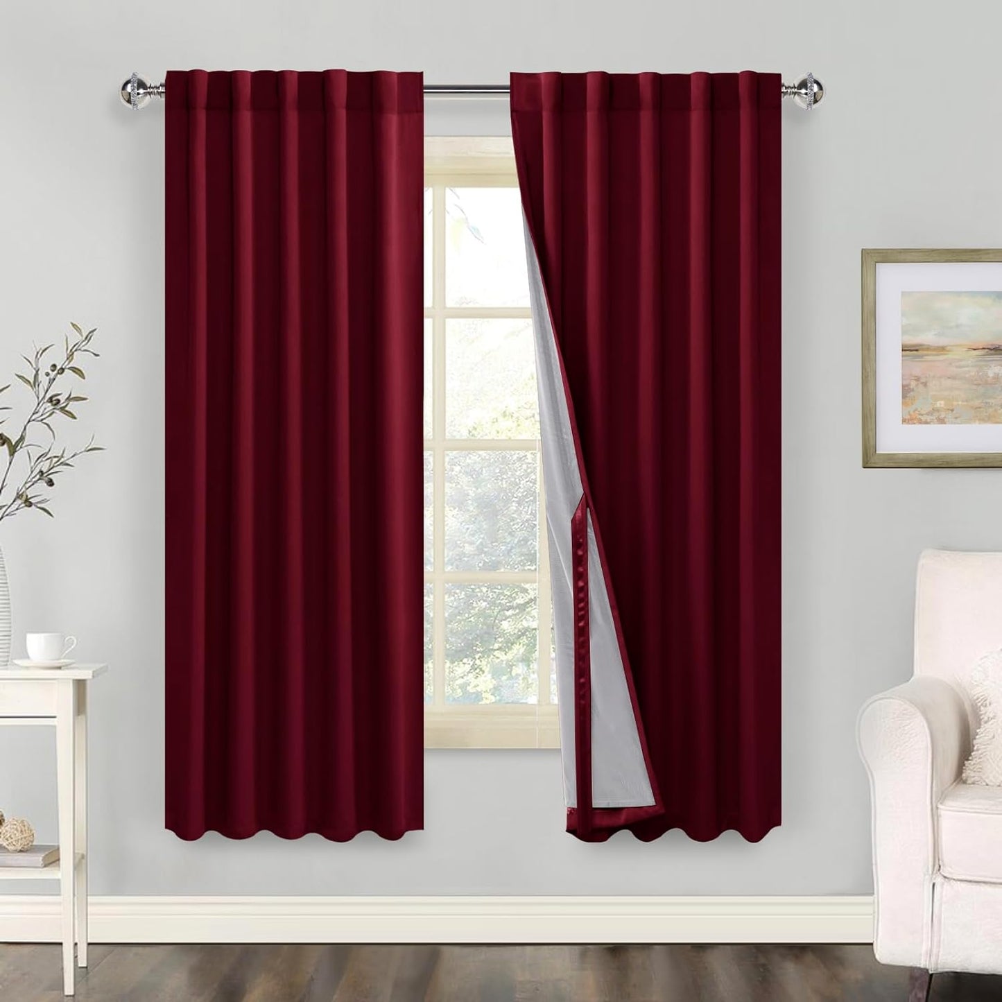 100% Blackout Curtains 2 Panels with Tiebacks- Heat and Full Light Blocking Window Treatment with Black Liner for Bedroom/Nursery, Rod Pocket & Back Tab，White, W52 X L84 Inches Long, Set of 2  XWZO Burgundy W42" X L63"|2 Panels 