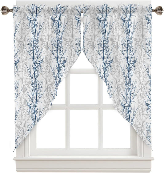 Navy Blue Grey Branch Swag Curtains for Living Room/Bedroom, Spring Summer Pastoral Botanical Swag Kitchen Curtain Valances for Windows, Tier Topper Scalloped Curtain 2 Panels, 56"W X 36"L
