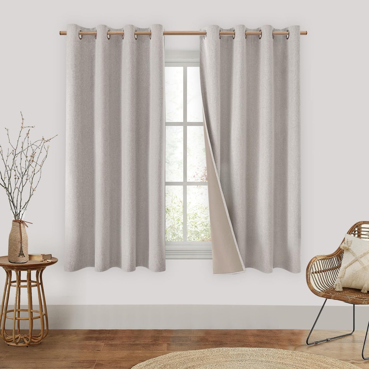 HOMEIDEAS 100% Blackout Linen Curtains for Bedroom 84 Inches Long 2 Panels Blush Pink Curtains Full Black Out Thermal Insulated Grommet Window Curtains/Drapes with Liner for Nursery  HOMEIDEAS Natural 52"W X 63"L 