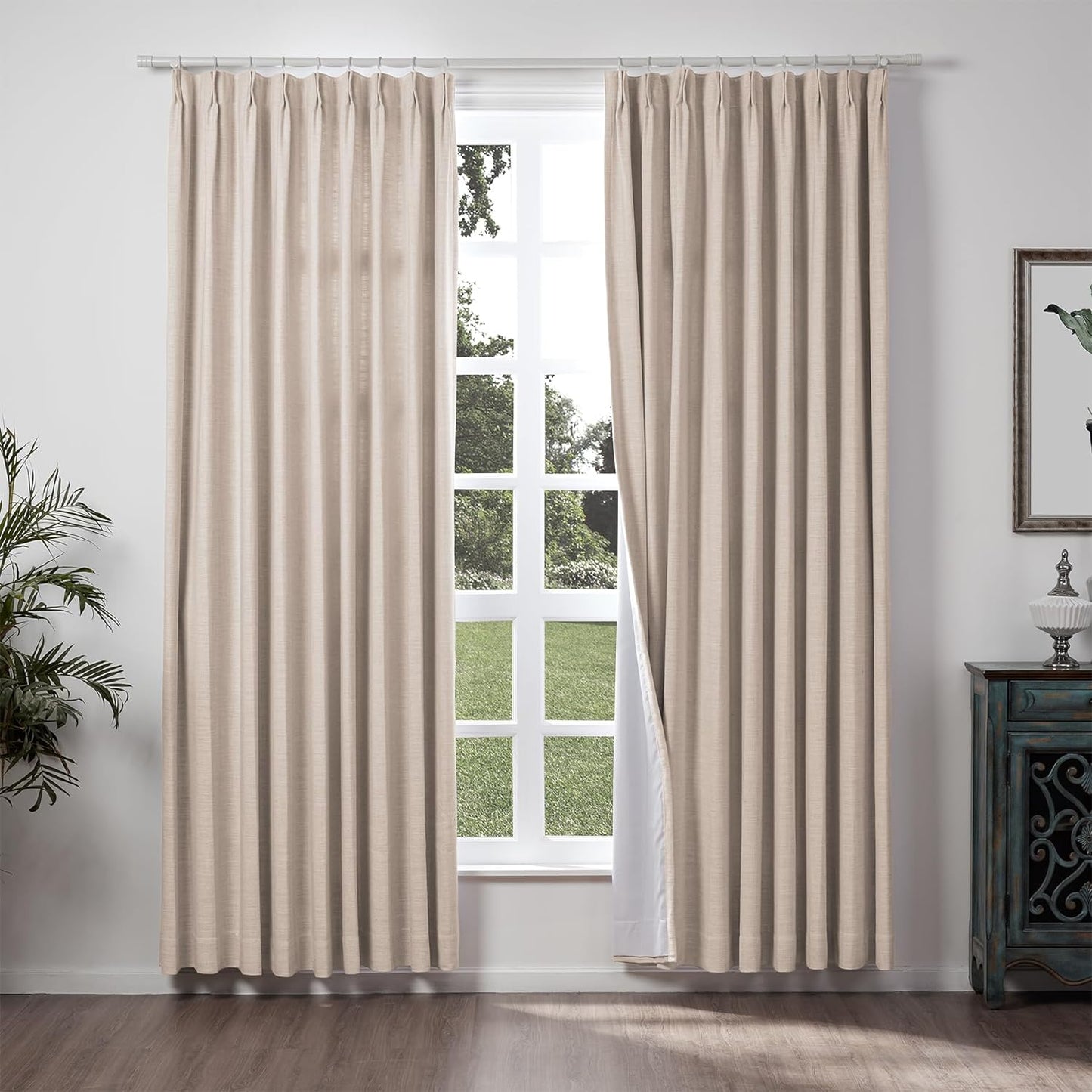 Chadmade 50" W X 63" L Polyester Linen Drape with Blackout Lining Pinch Pleat Curtain for Sliding Door Patio Door Living Room Bedroom, (1 Panel) Sand Beige Tallis Collection  ChadMade Tapioca (7) 120Wx96L 