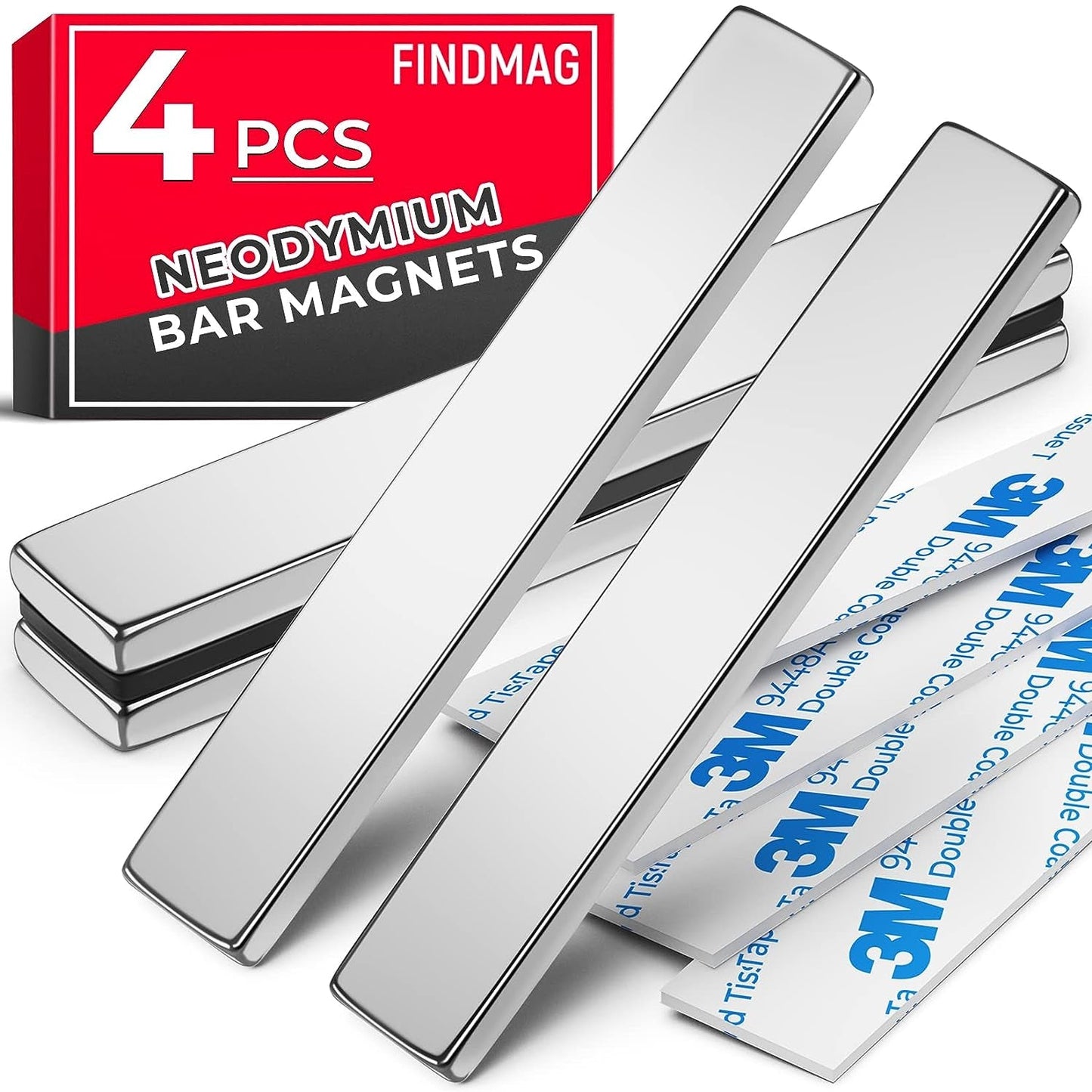 FINDMAG 6 Pack Powerful Neodymium Bar Magnets Rare Earth Magnet Bar, Strong Bar Magnets Neodymium Magnets with Double Sided Adhesive - 60 X 10 X 3 Mm