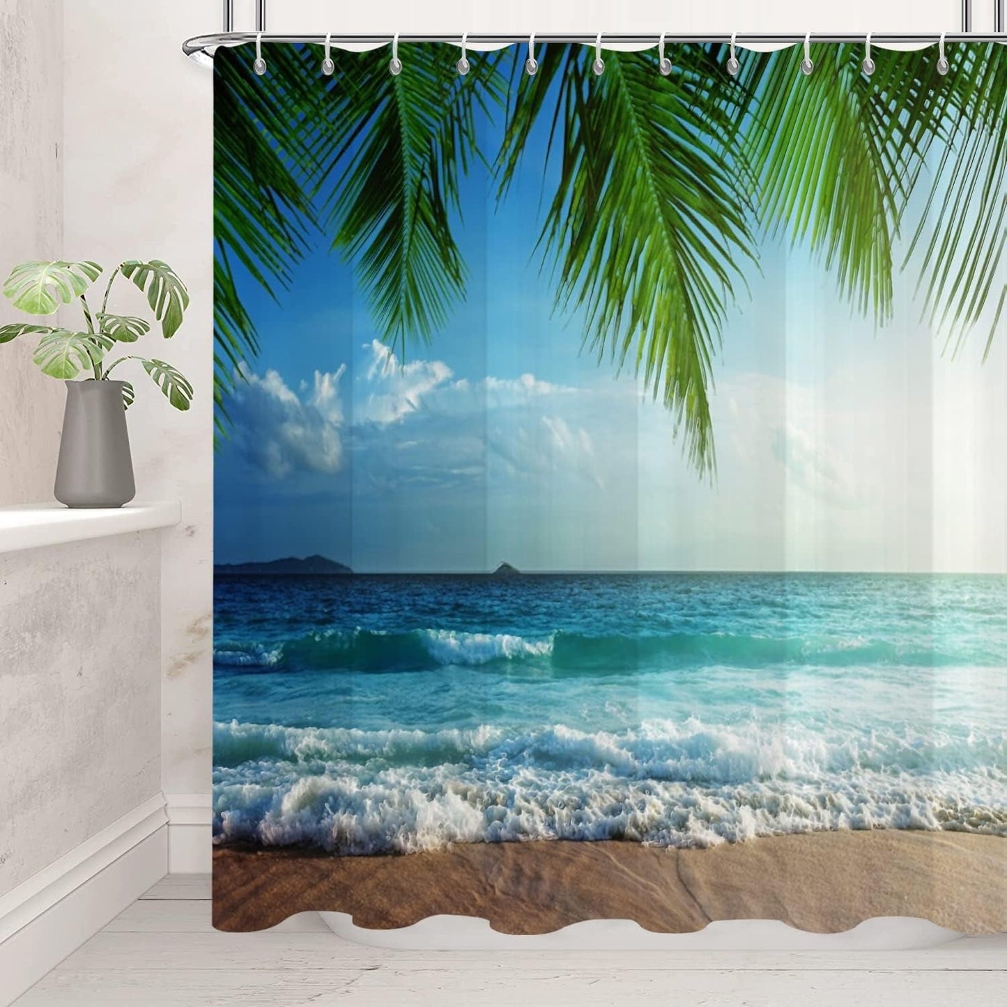 GCIREC Ocean Shower Curtain, Summer Tropical Palms Maldives Island Beach Sea Landscape Bathroom Curtain Waterproof Fabric Machine Washable with 12 Hooks