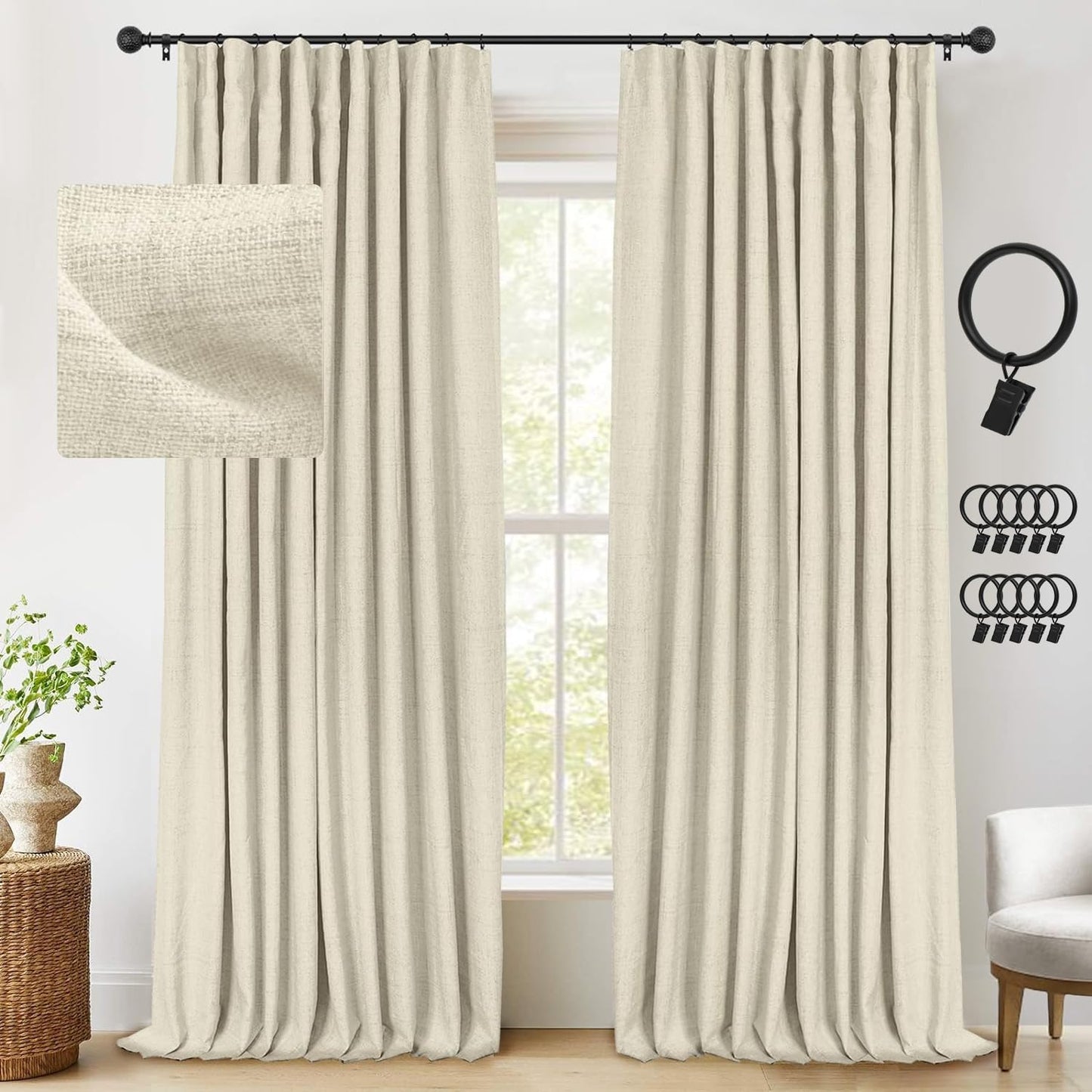 INOVADAY Linen Blackout Curtains 96 Inches Long, Thermal Insulated Black Out Curtains & Drapes for Living Room Bedroom (W50 X L96 1 Panels, Beige)  INOVADAY Natural Flax 50"W X 96"L 