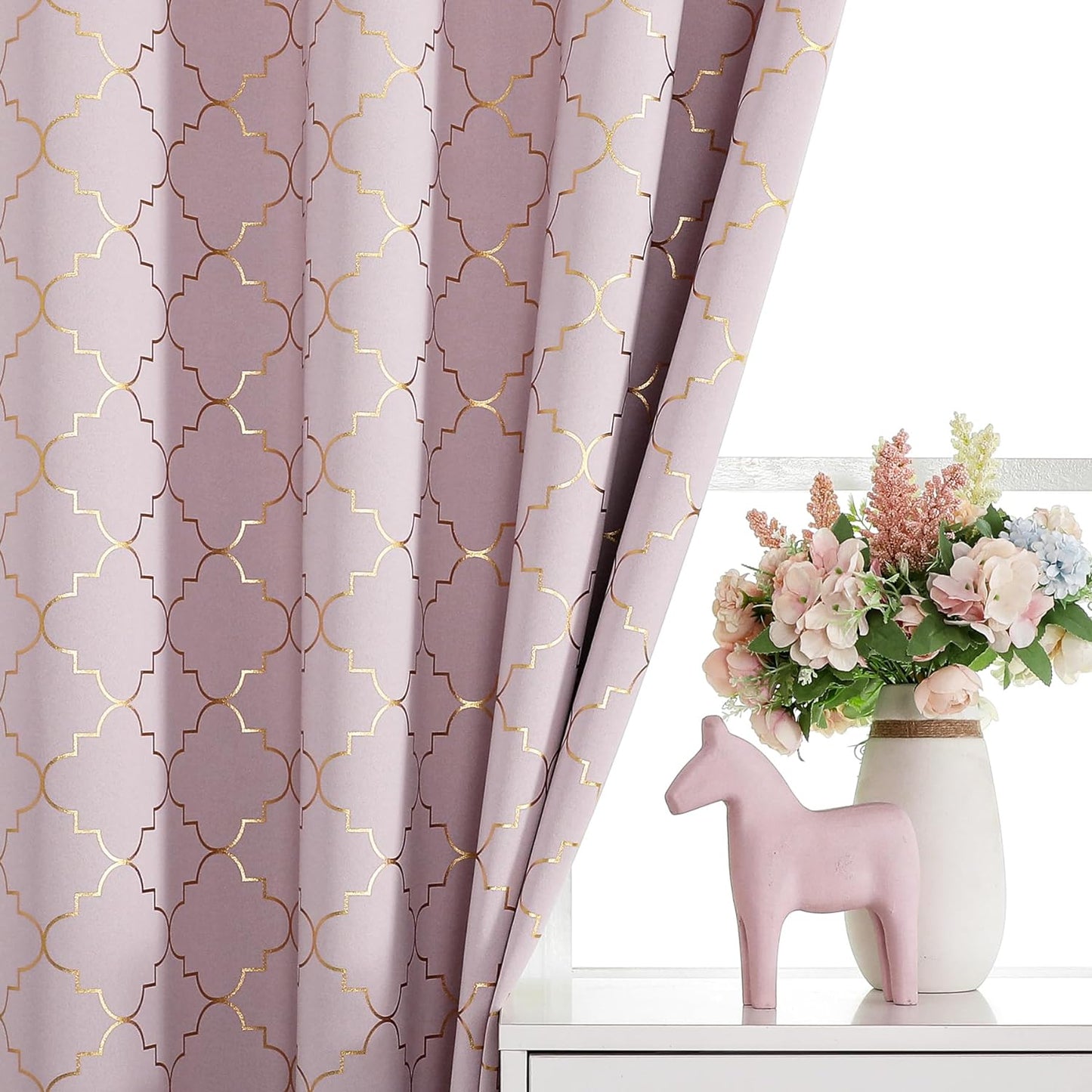 Enactex 100% Full Blackout Curtains 63 Inch Length Thermal Insulated Grey Curtain with Gold Geometric Metallic Pattern, Light Blocking Grommet Window Drapes for Living Room Bedroom, 2 Panels  Enactex Pink/Gold W52" X L84" X2 