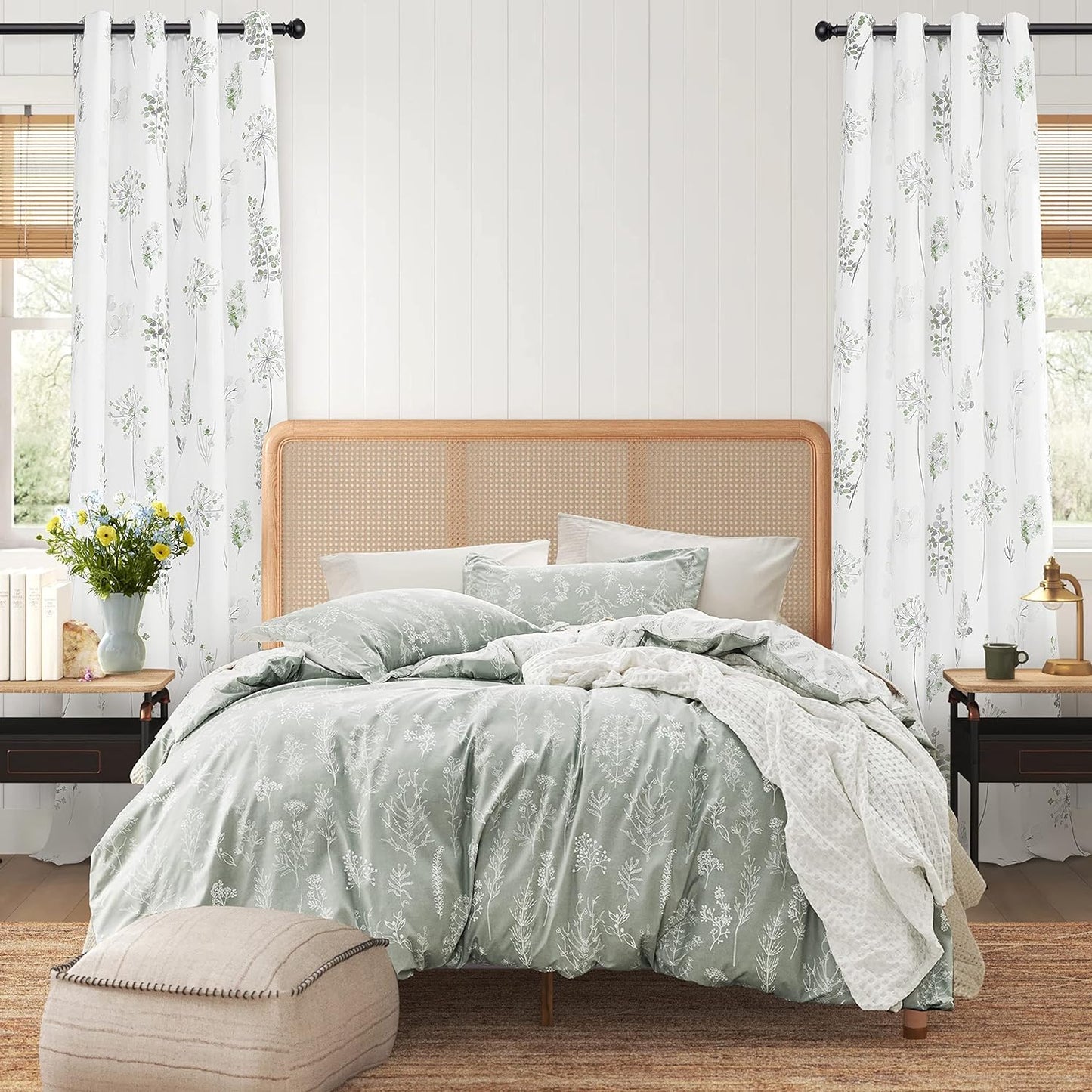 XTMYI 63 Inch Length Sage Green Window Curtains for Bedroom 2 Panels,Room Darkening Watercolor Floral Leaves 80% Blackout Flowered Printed Curtains for Living Room with Grommet,1 Pair Set  XTMYI   