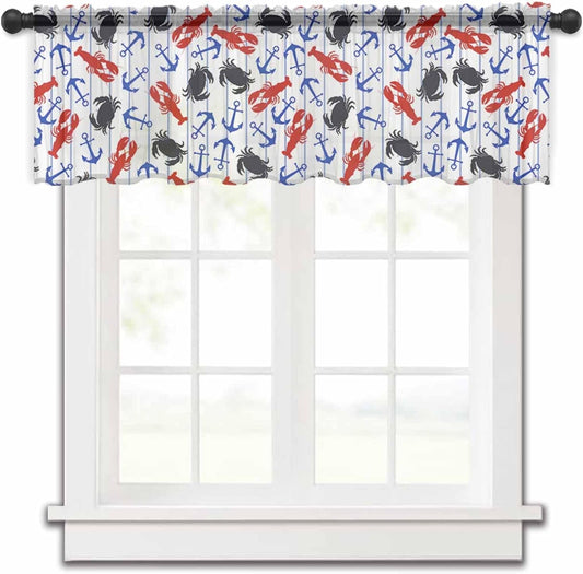 Nautical Anchor Valance Curtains for Kitchen/Living Room/Bathroom/Bedroom Window,Rod Pocket Small Topper Half Short Window Curtains Voile Sheer Scarf, Ocean Crab Lobster Geometric Stripes 54"X18"