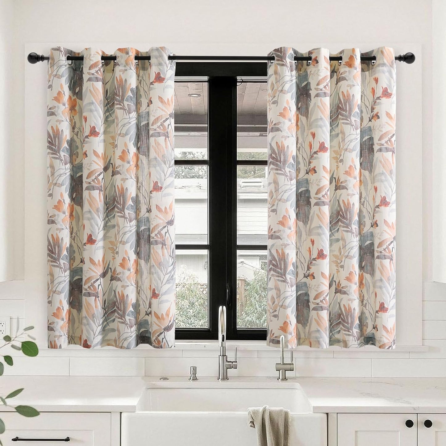 MYSKY HOME Floral Curtains 84 Inches Long Printed Grommet Cotton Curtains for Living Room Bedroom Light Filtering Linen Style Curtain Burlap Effect Drape Window Treatments, 2 Panel Coral and Natural  MYSKY HOME A-Coral/Natural 52"W X 54"L 