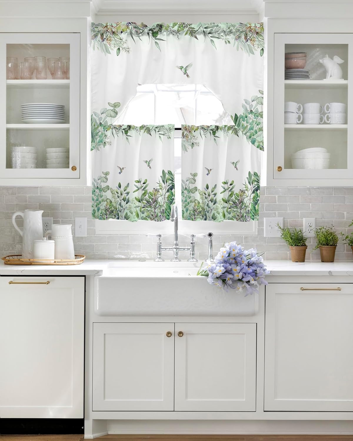 Green Eucalyptus Kitchen Curtains Swag Valance and Tier Curtains Set 24 Inch Length, Animal Bird Botanical Plant Herb Rod Pocket Drape Panels Pair Swag Curtains for Bathroom/Cafe/Window