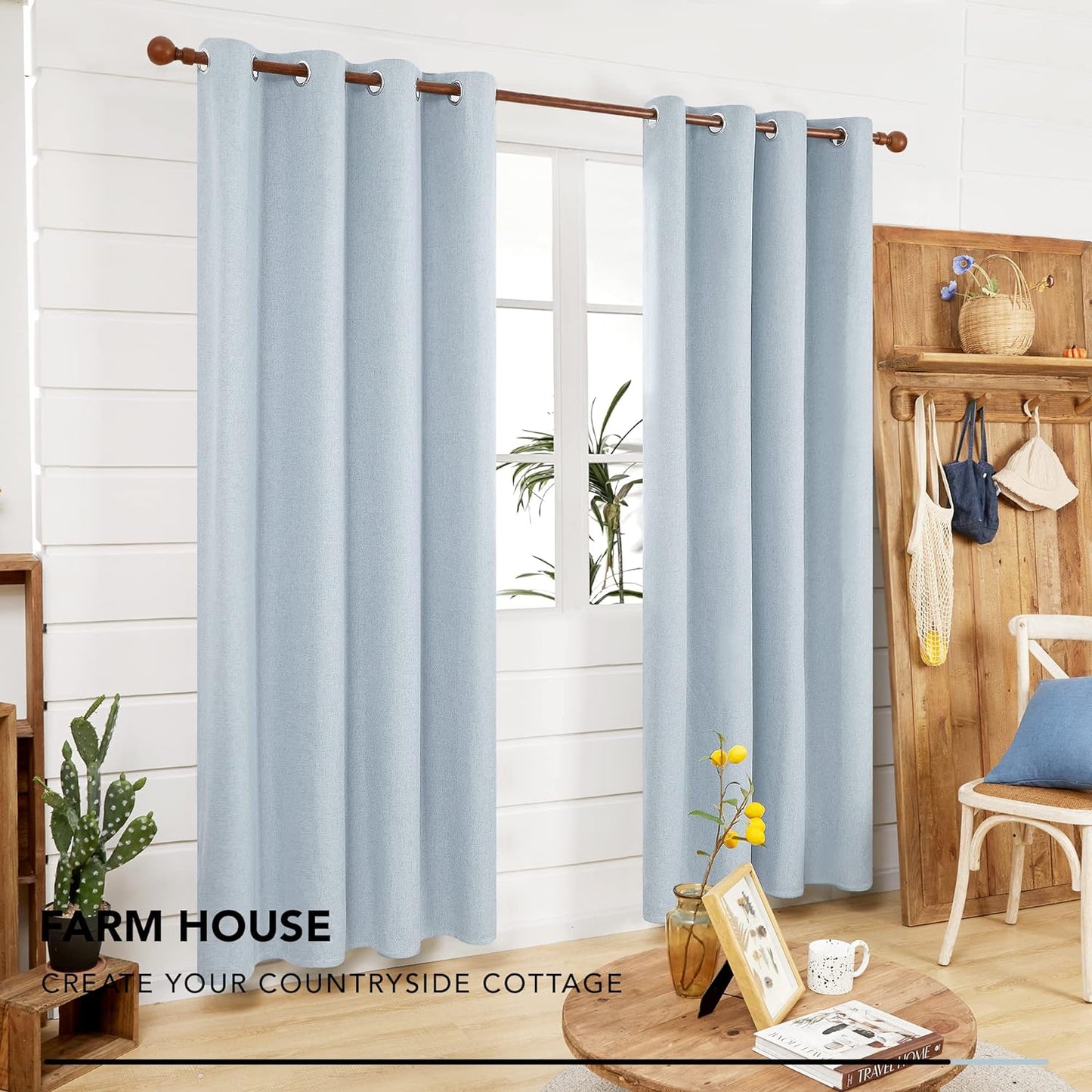 Deconovo Faux Linen Total Blackout Curtains 63 Inches Length, Light Blue, Grommet Thermal Insulated Curtain, Noise Reduction Draperies for Bedroom Living Room, 52" W X 63" L, 1 Pair  DECONOVO   