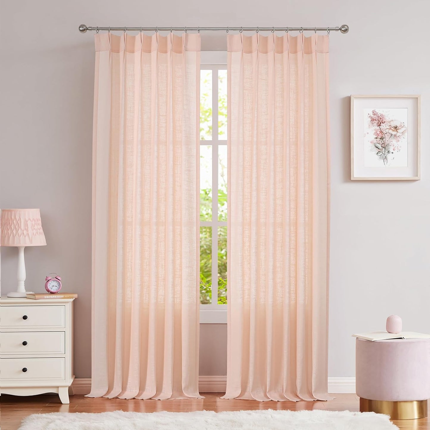 White Pinch Pleated Curtain Semi Sheer Curtain Panel Linen Cotton Blend Decorative Drape 84 Inches Long for Living Room Bedroom Farmhouse Rustic Window Treatment, White, 34"X84"X2  Central Park Coral Pink 34"X95"X2 